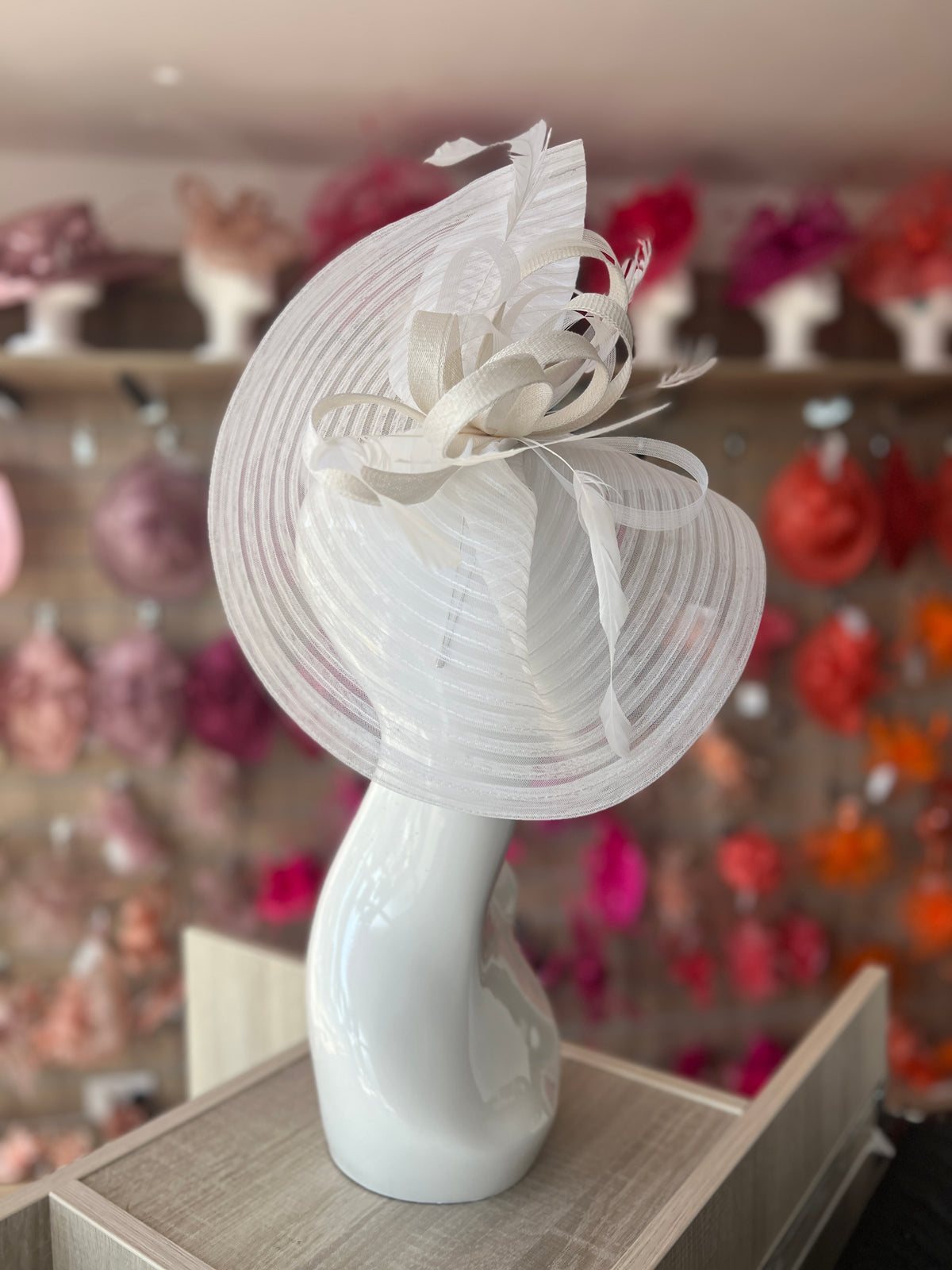 White Crinoline Hatinator with Loops &amp; Feathers-Fascinators Direct