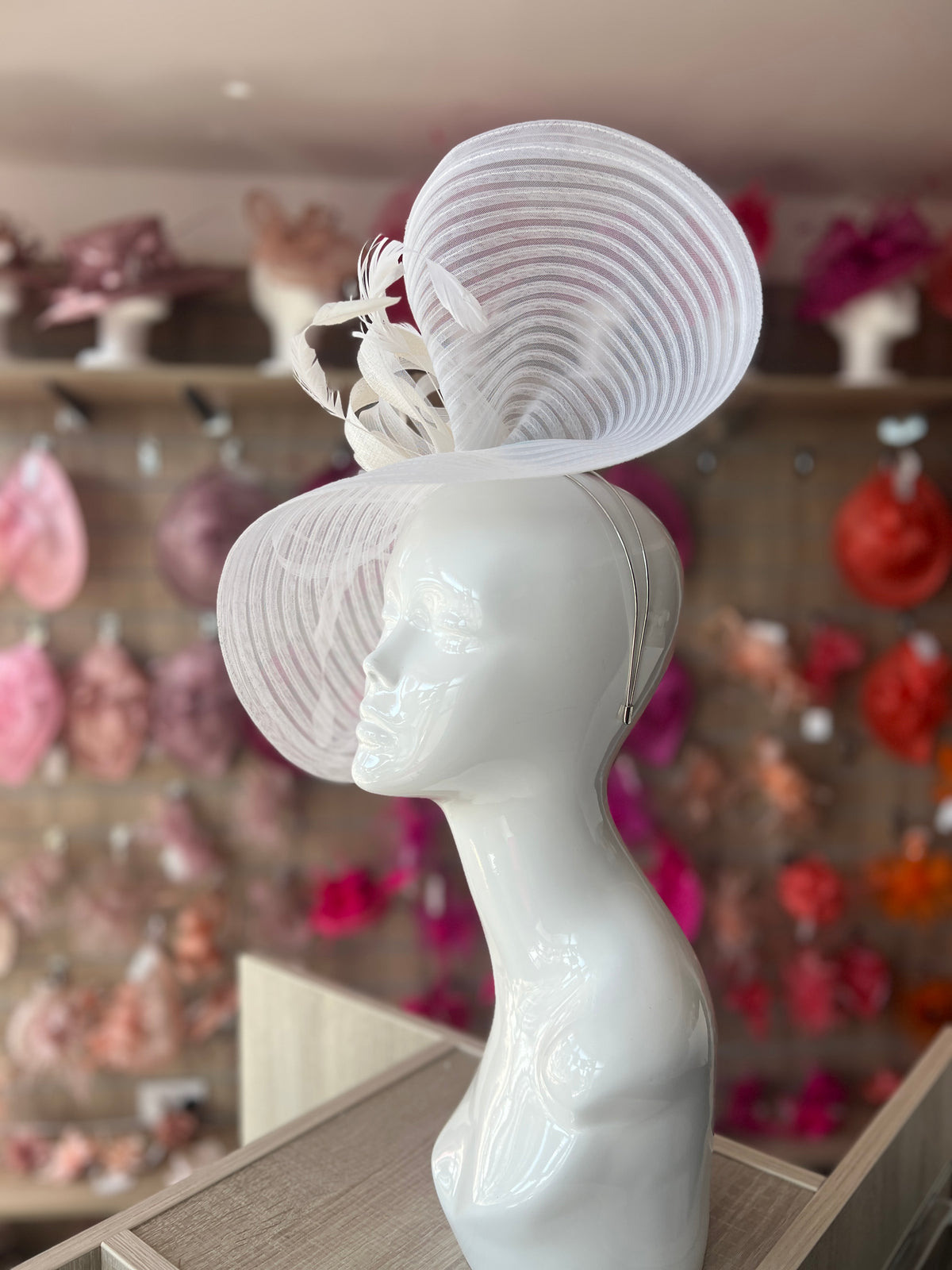 White Crinoline Hatinator with Loops &amp; Feathers-Fascinators Direct
