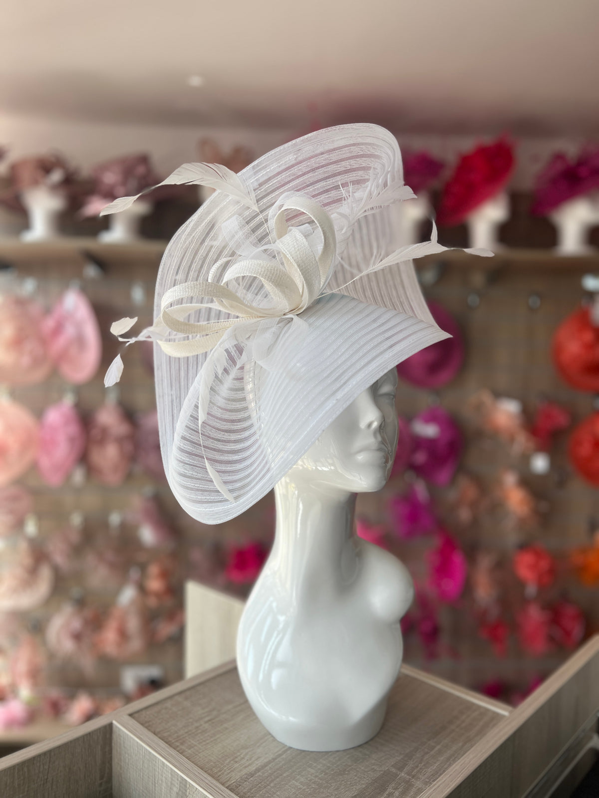 White Crinoline Hatinator with Loops &amp; Feathers-Fascinators Direct