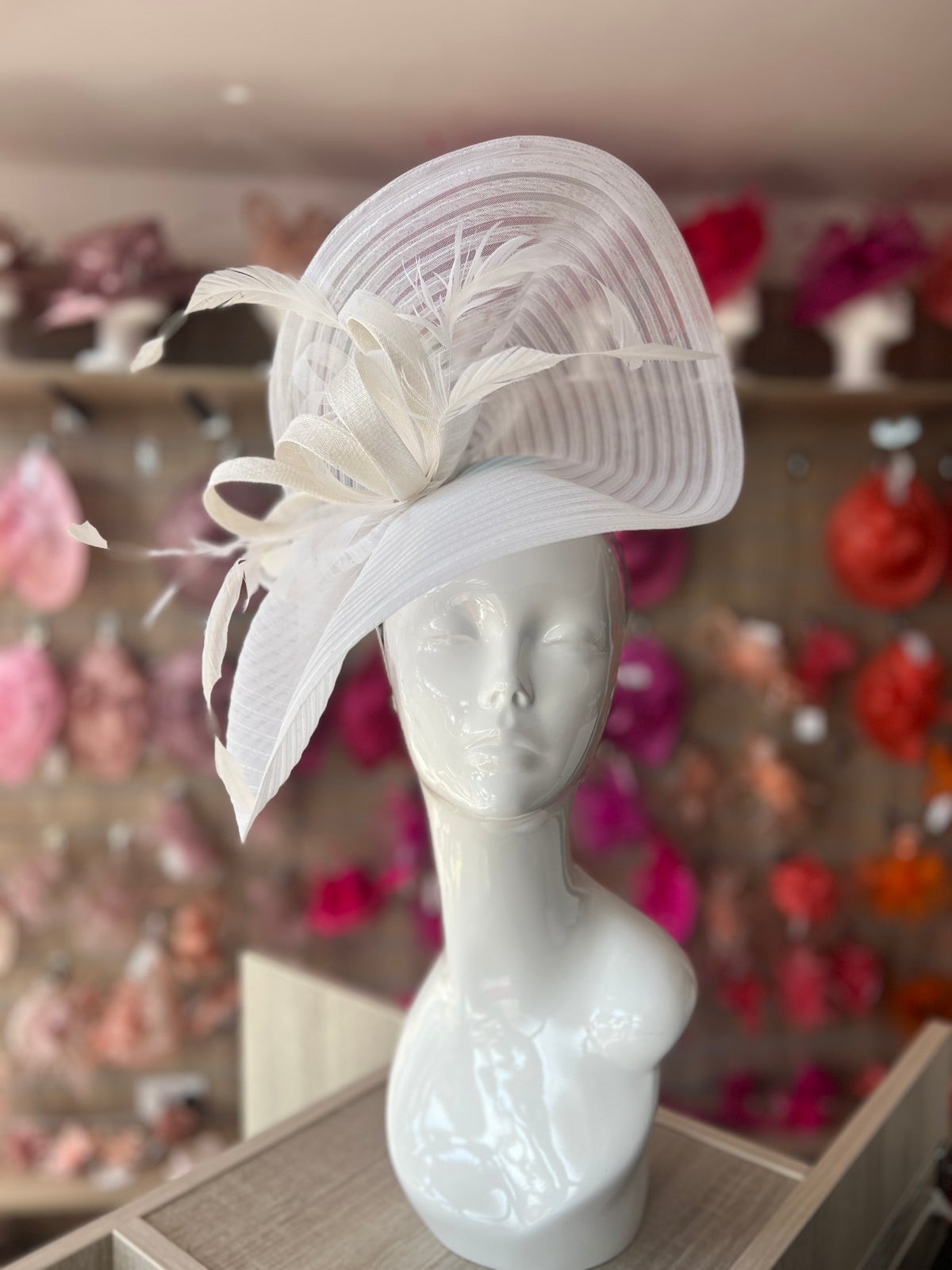 White Crinoline Hatinator with Loops &amp; Feathers-Fascinators Direct