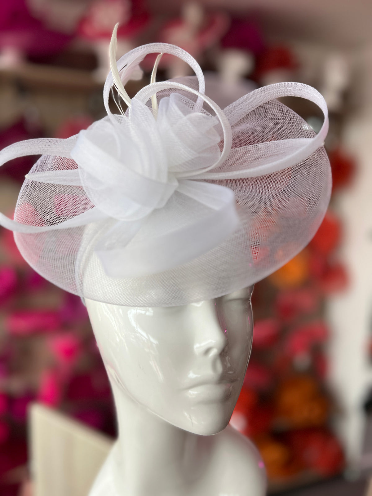 White Crinoline Saucer Fascinator With Loops &amp; Feathers-Fascinators Direct