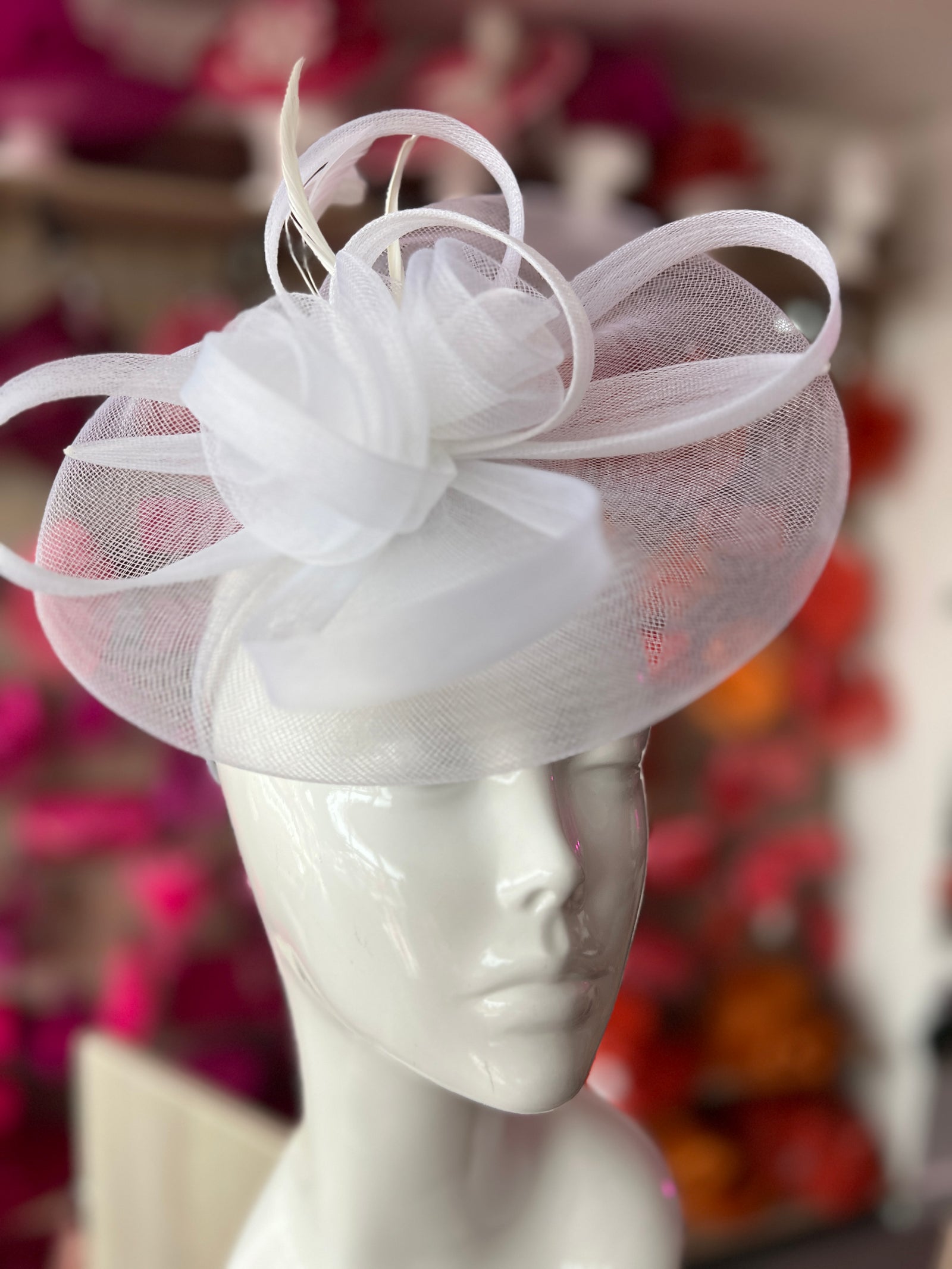 White Crinoline Saucer Fascinator With Loops & Feathers-Fascinators Direct
