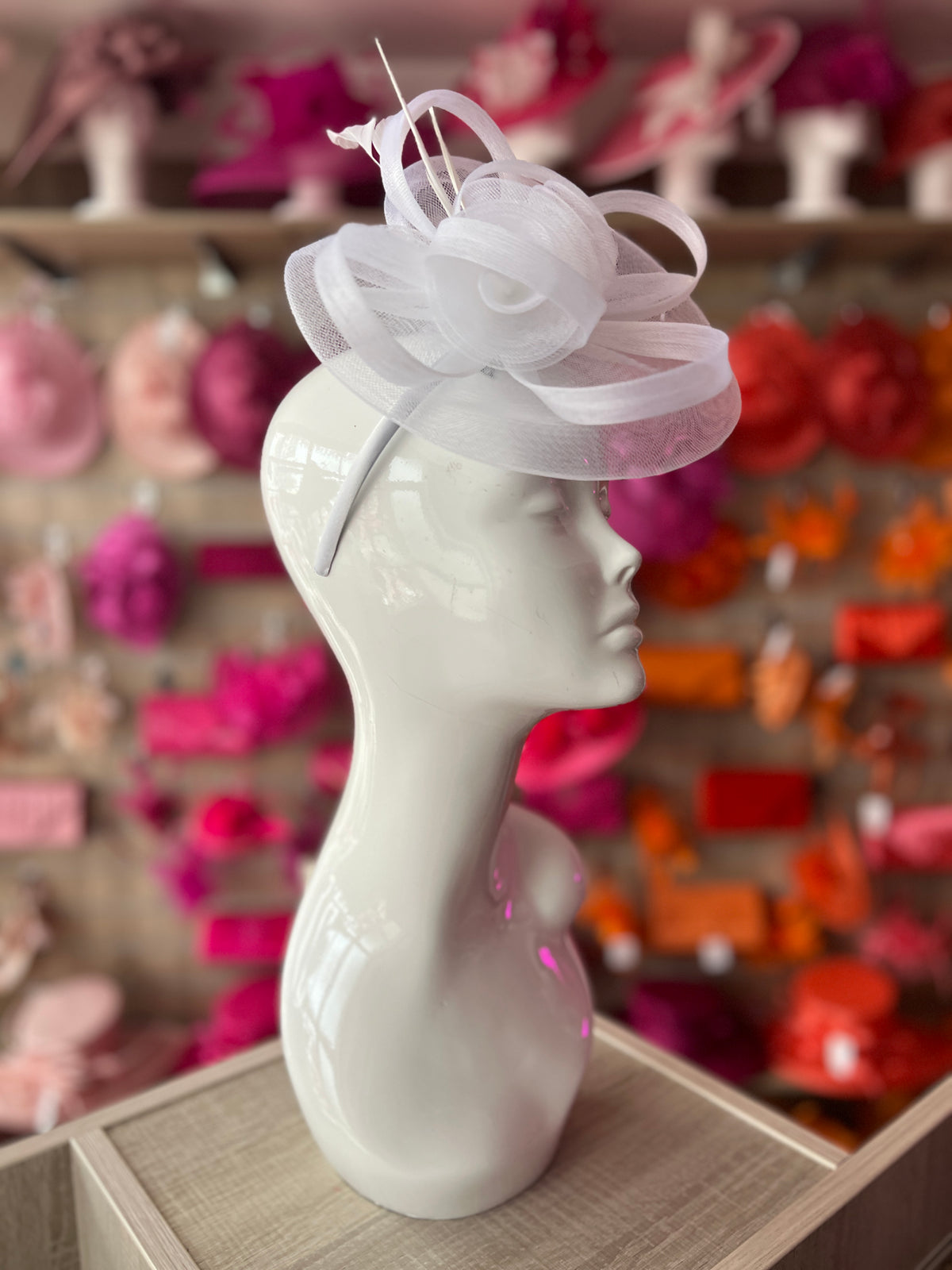 White Crinoline Saucer Fascinator With Loops &amp; Feathers-Fascinators Direct