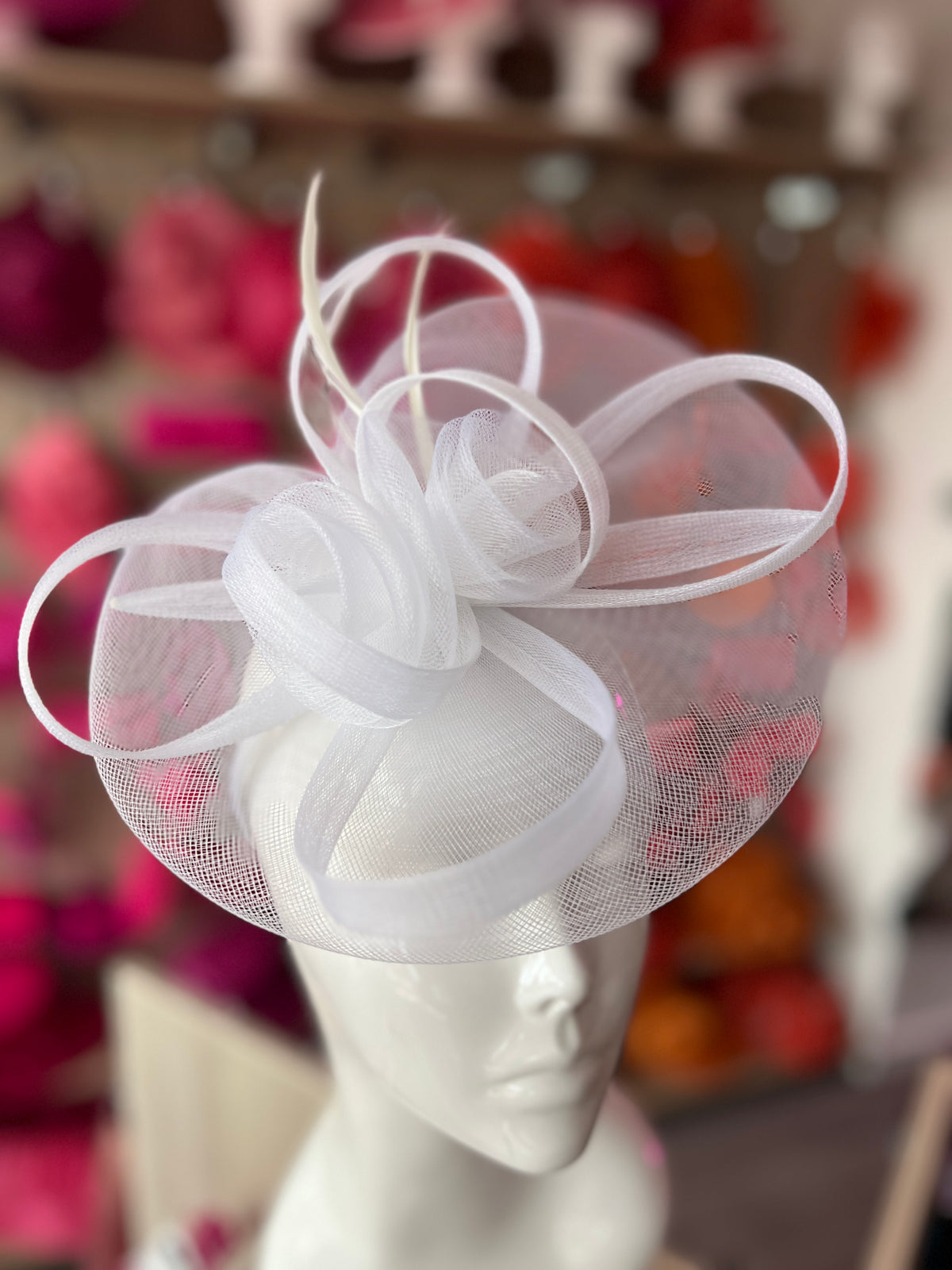 White Crinoline Saucer Fascinator With Loops &amp; Feathers-Fascinators Direct