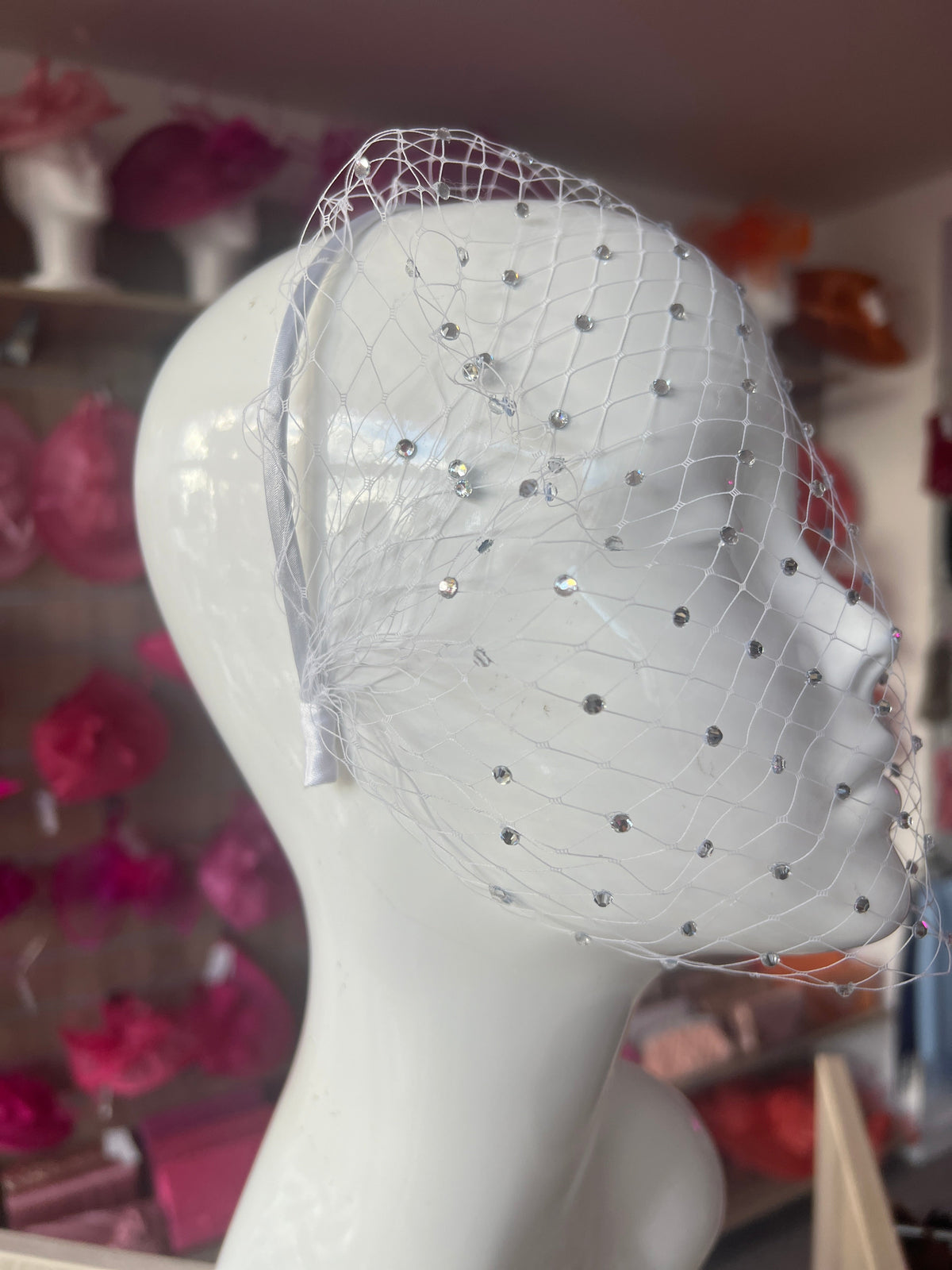 White Crystal Bridal Birdcage Veil-Fascinators Direct