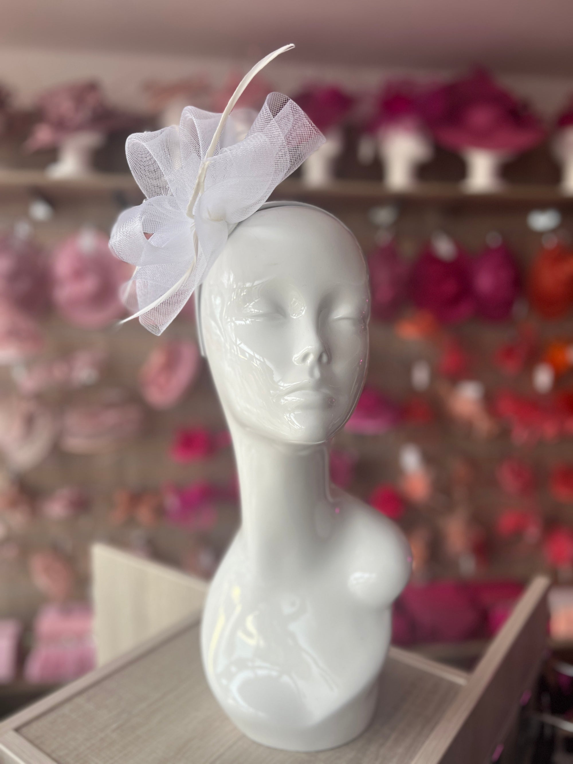 White Diamante Fascinator With Ruched Crinoline & Feathers-Fascinators Direct