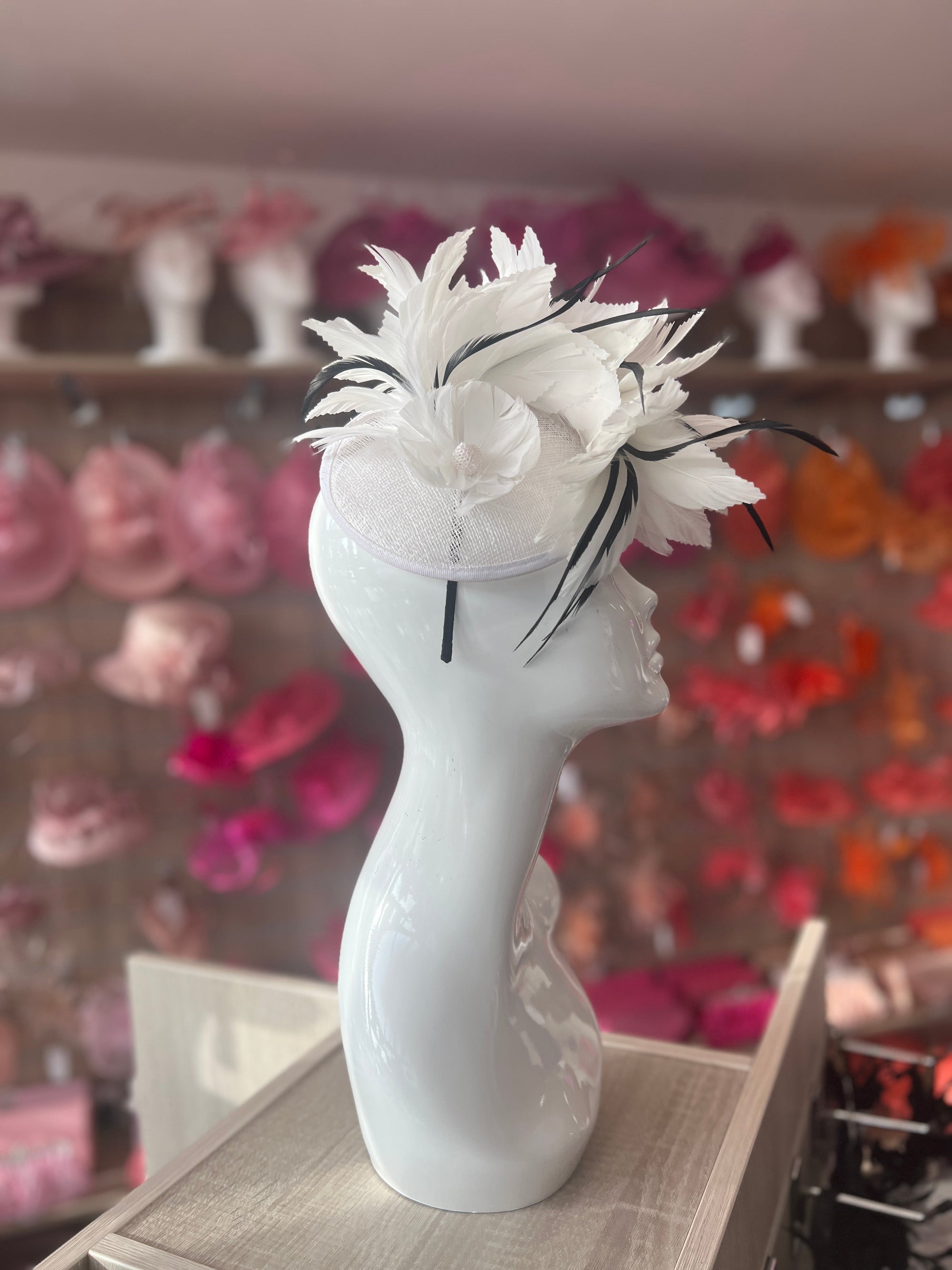 White Disc Fascinator With Bendable Feather-Fascinators Direct