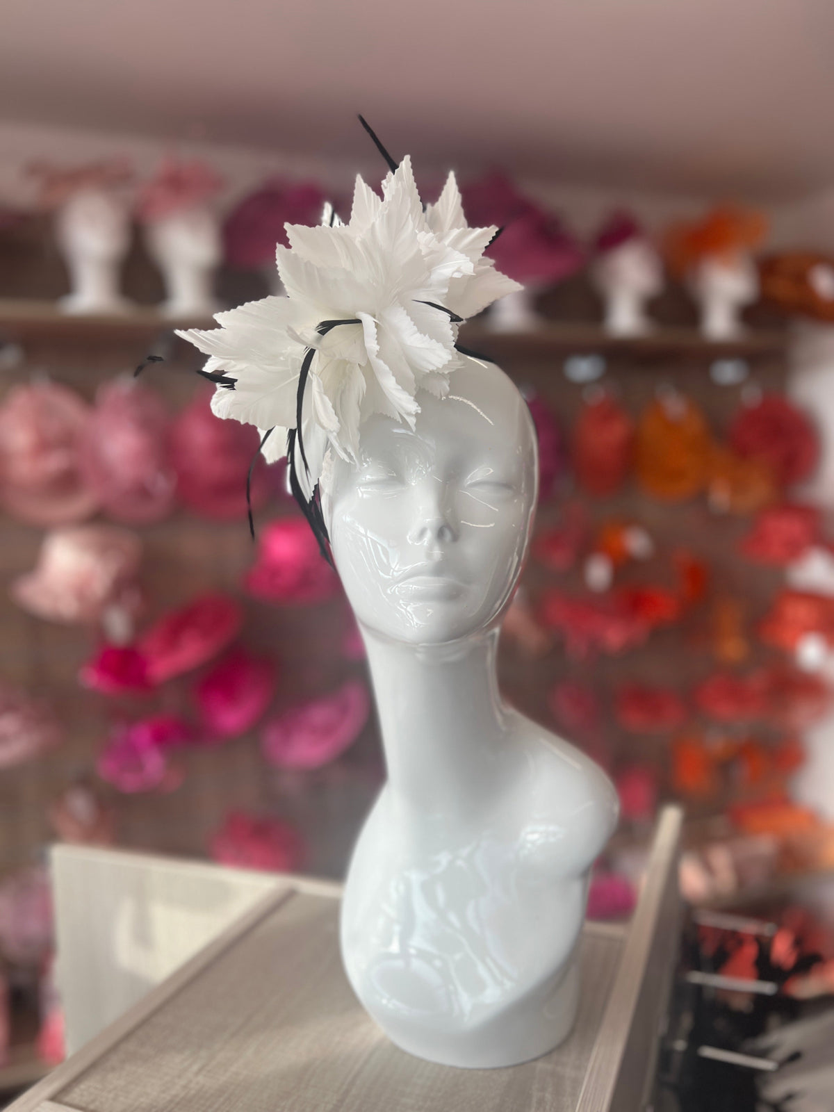 White Disc Fascinator With Bendable Feather-Fascinators Direct