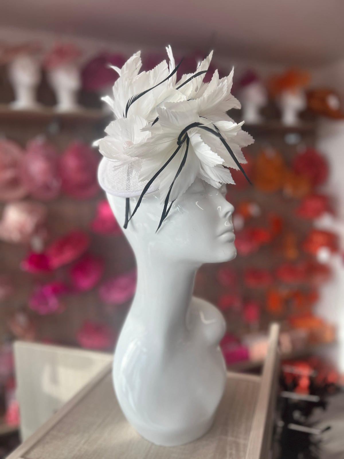 White Disc Fascinator With Bendable Feather-Fascinators Direct