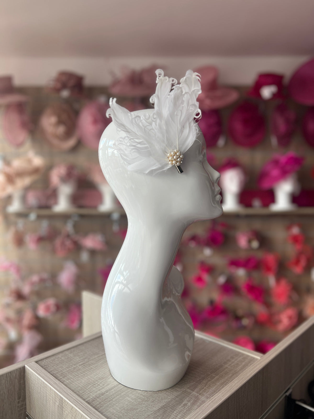 White Fascinator Clip with Vintage Feathers &amp; Pearls-Fascinators Direct