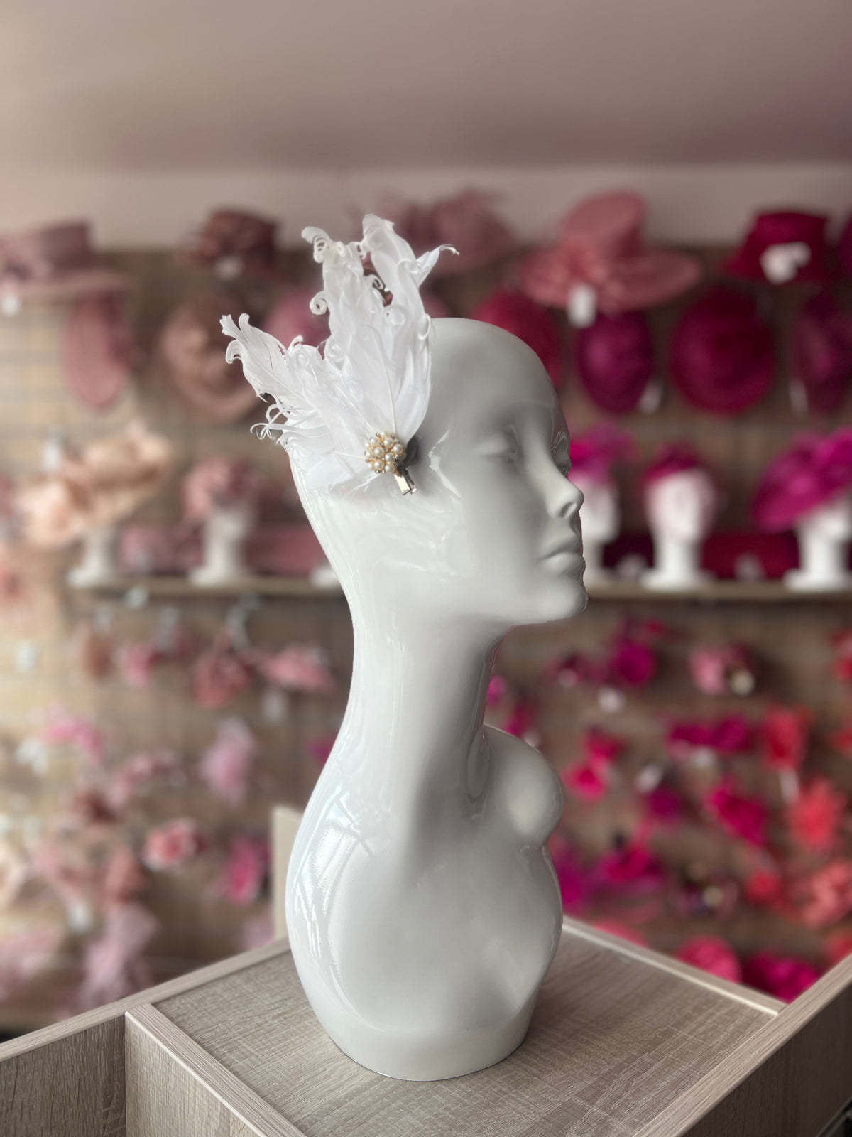 White Fascinator Clip with Vintage Feathers &amp; Pearls-Fascinators Direct