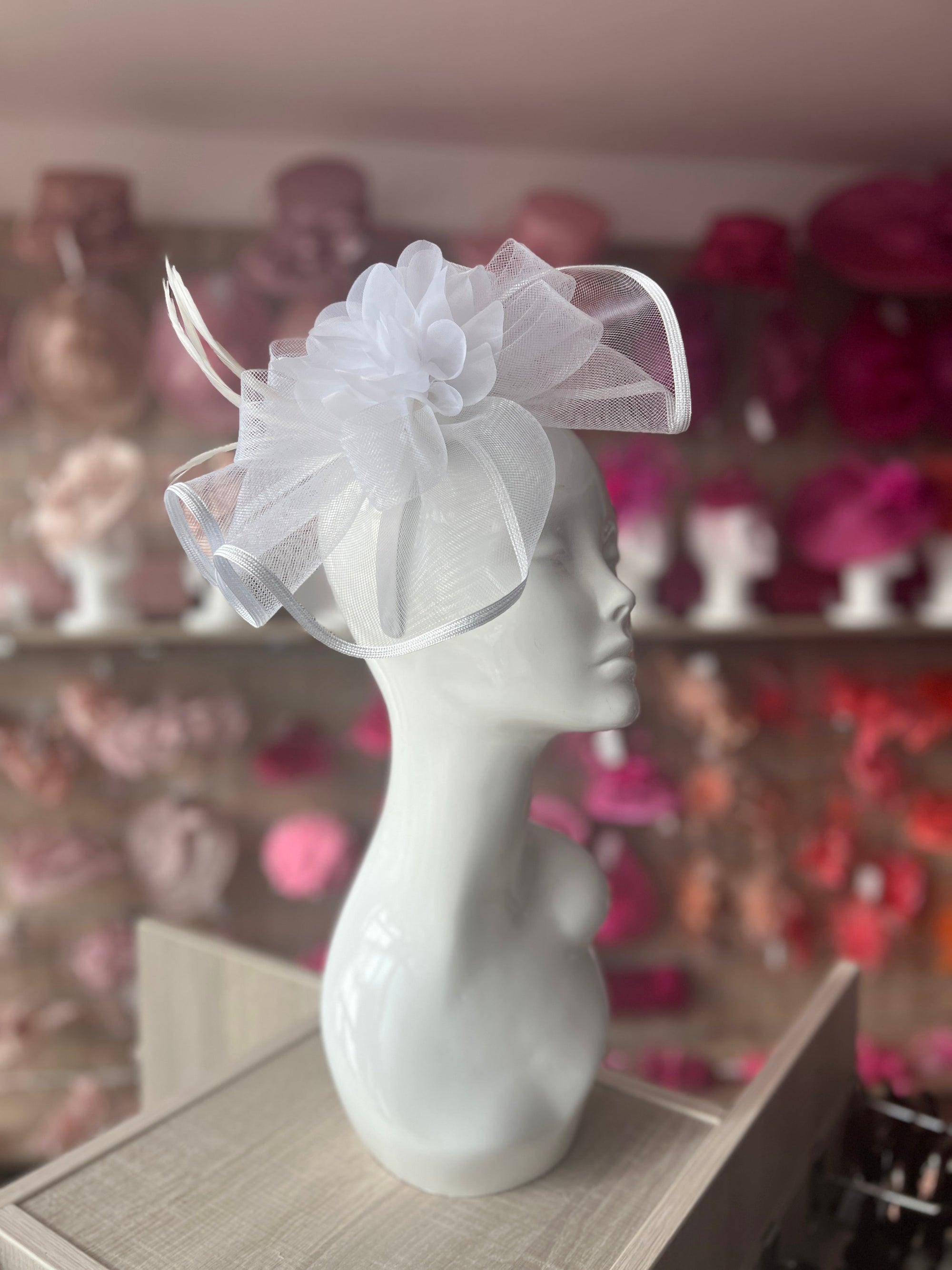 White Fascinator Fluted Crinoline & Flower-Fascinators Direct