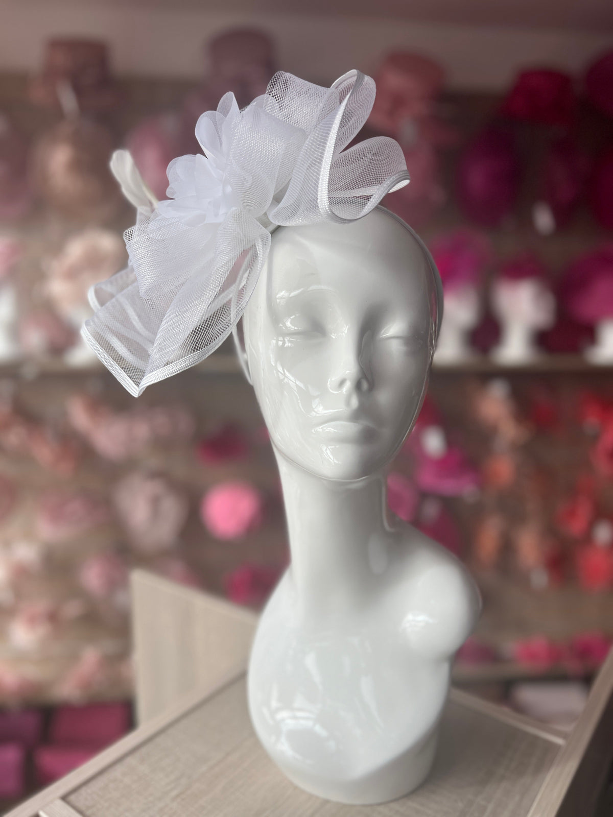White Fascinator Fluted Crinoline &amp; Flower-Fascinators Direct