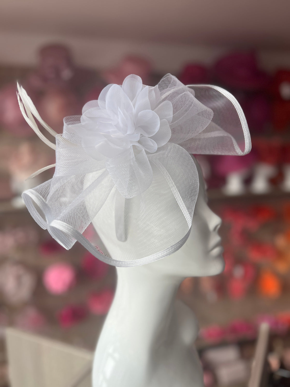 White Fascinator Fluted Crinoline &amp; Flower-Fascinators Direct