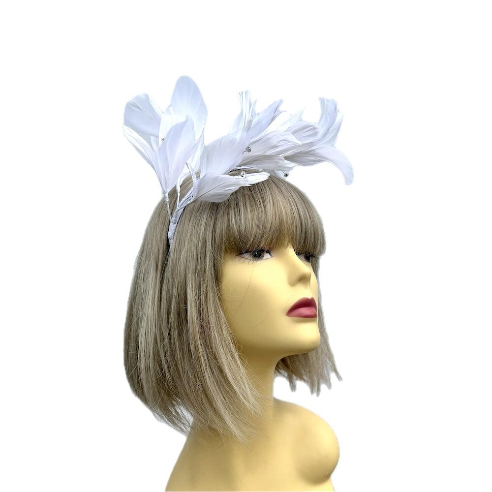 White Fascinator Headband with Feather Petals & Diamanté-Fascinators Direct