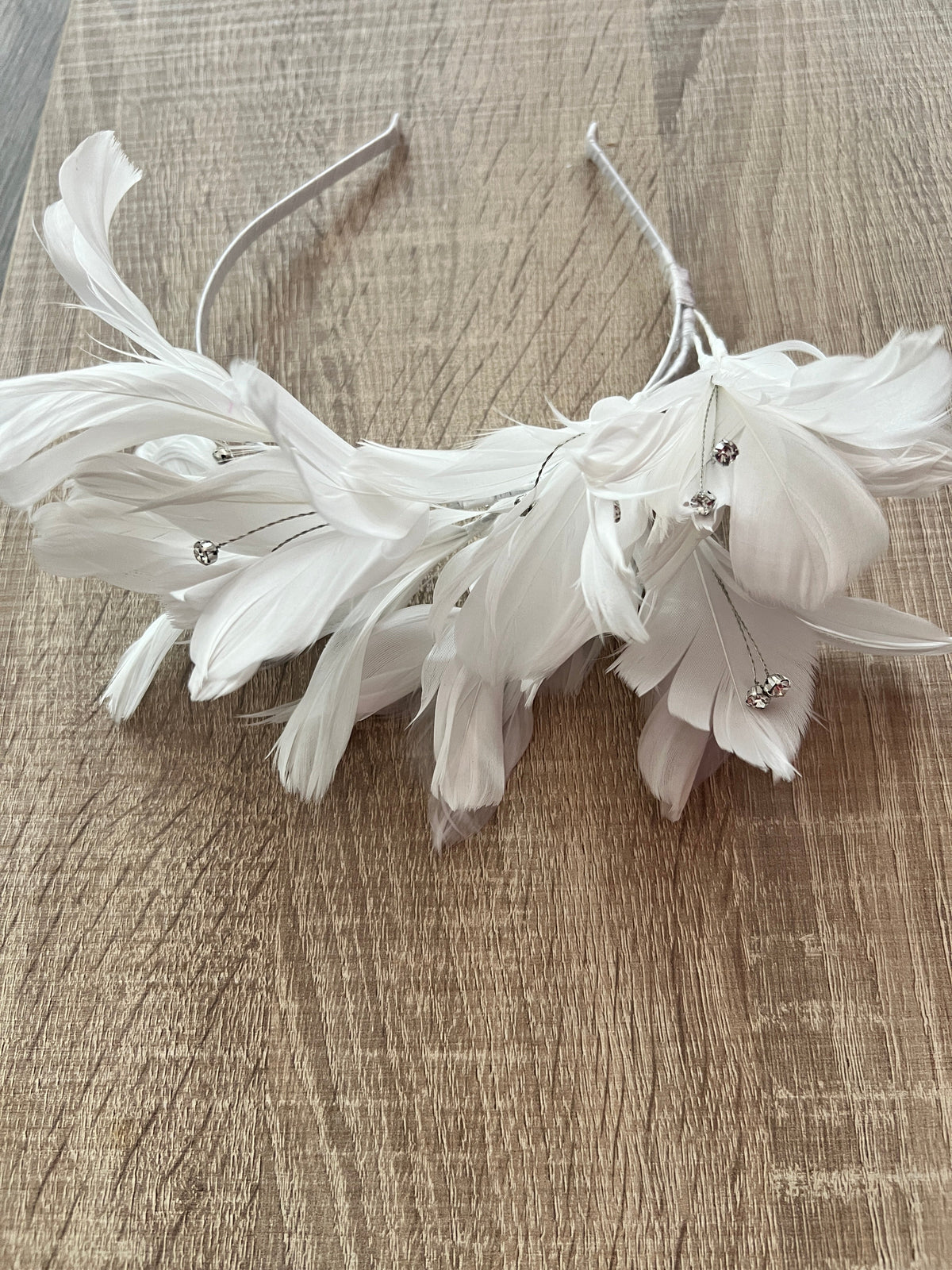 White Fascinator Headband with Feather Petals &amp; Diamanté-Fascinators Direct