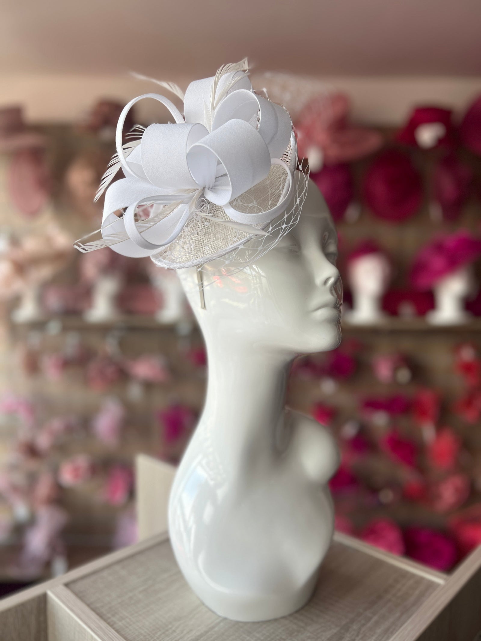 White Fascinator on Sinamay Disc with Satin Loops-Fascinators Direct