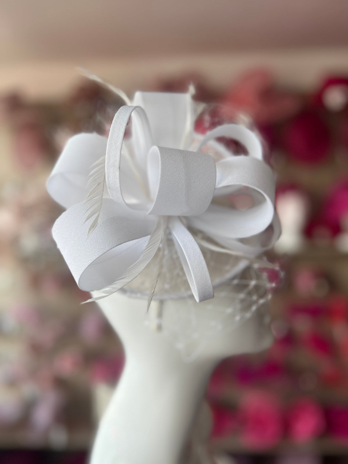 White Fascinator on Sinamay Disc with Satin Loops-Fascinators Direct