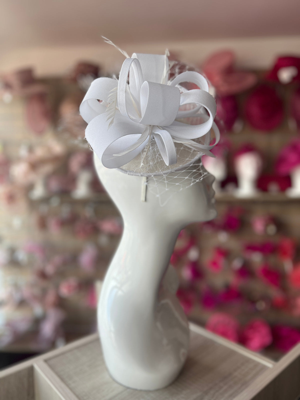White Fascinator on Sinamay Disc with Satin Loops-Fascinators Direct