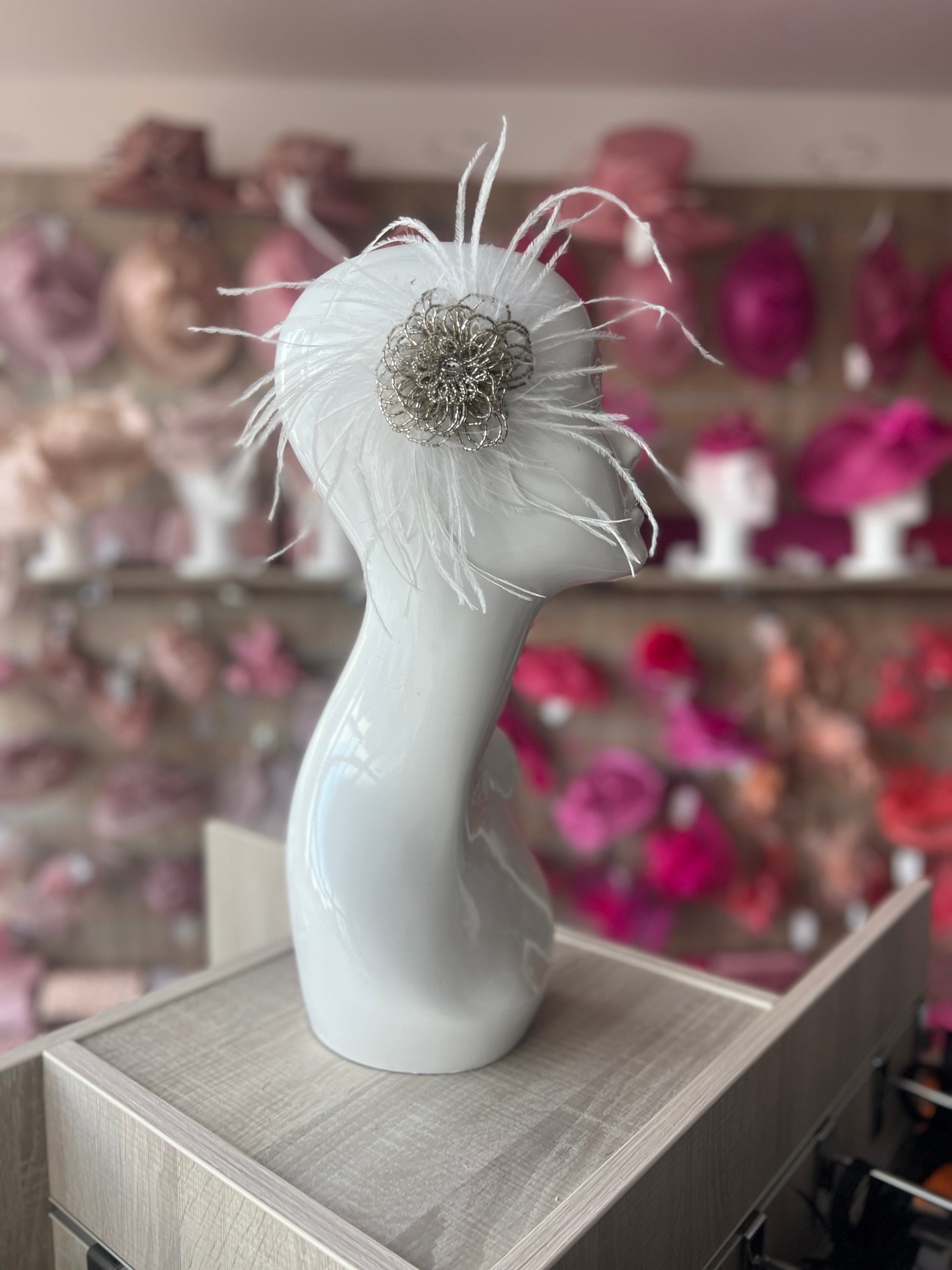 White Feather & Silver Beaded Sequin Hair Fascinator-Fascinators Direct