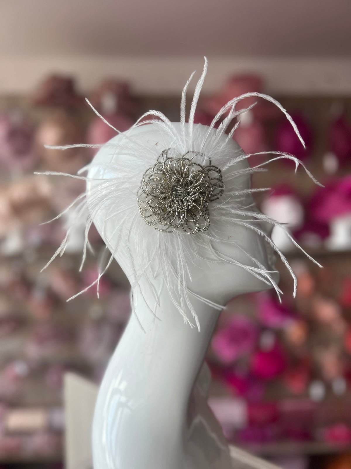 White Feather &amp; Silver Beaded Sequin Hair Fascinator-Fascinators Direct