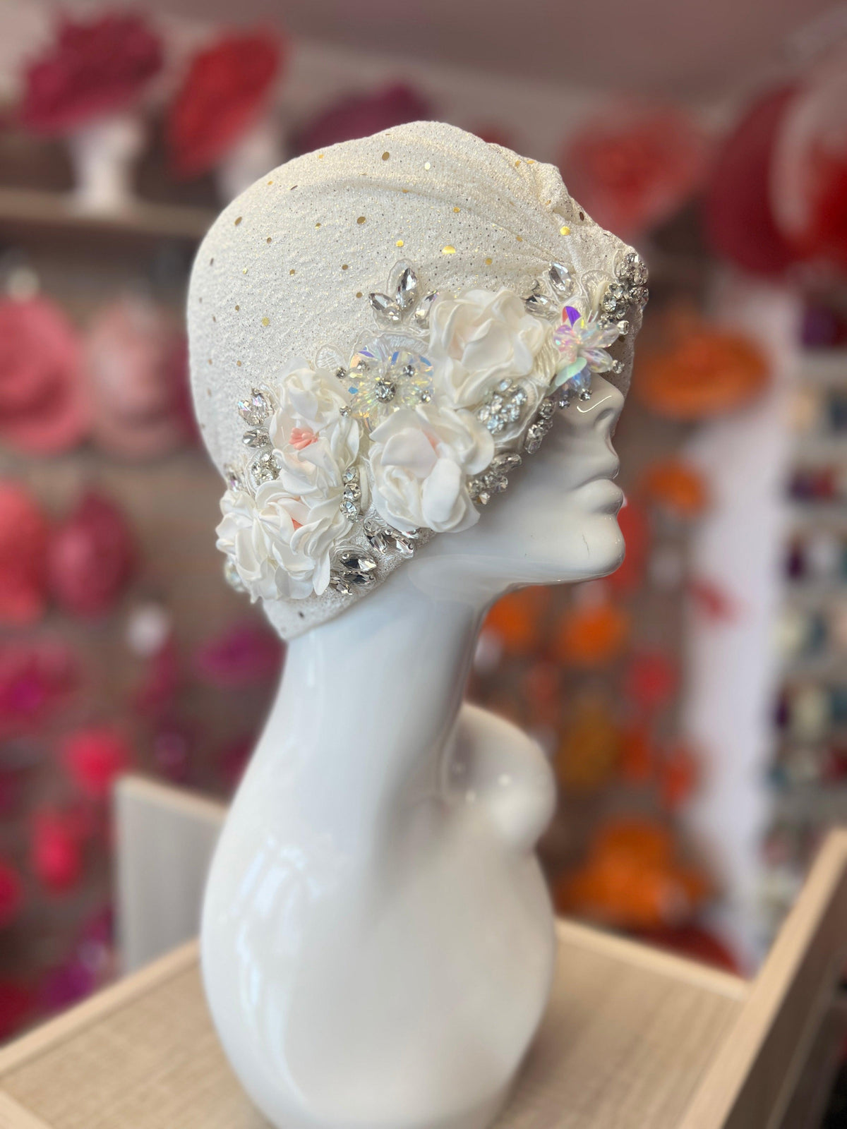 White Floral Sequin Crystal Turban Hat-Fascinators Direct
