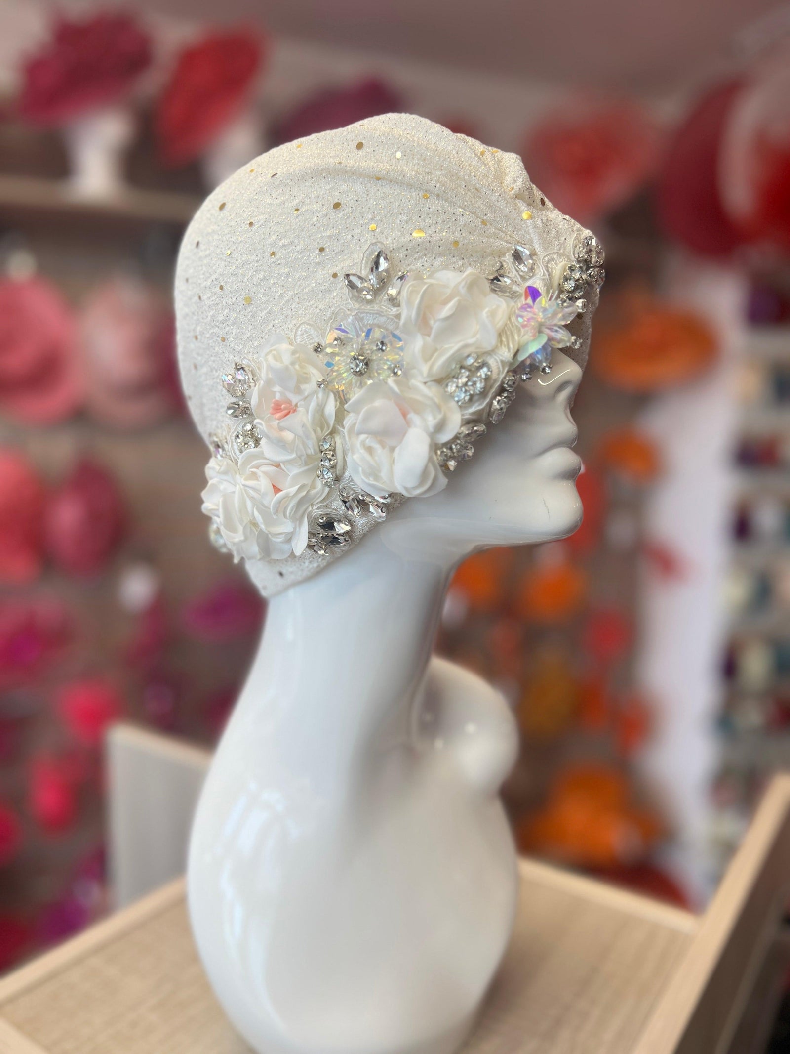 White Floral Sequin Crystal Turban Hat-Fascinators Direct