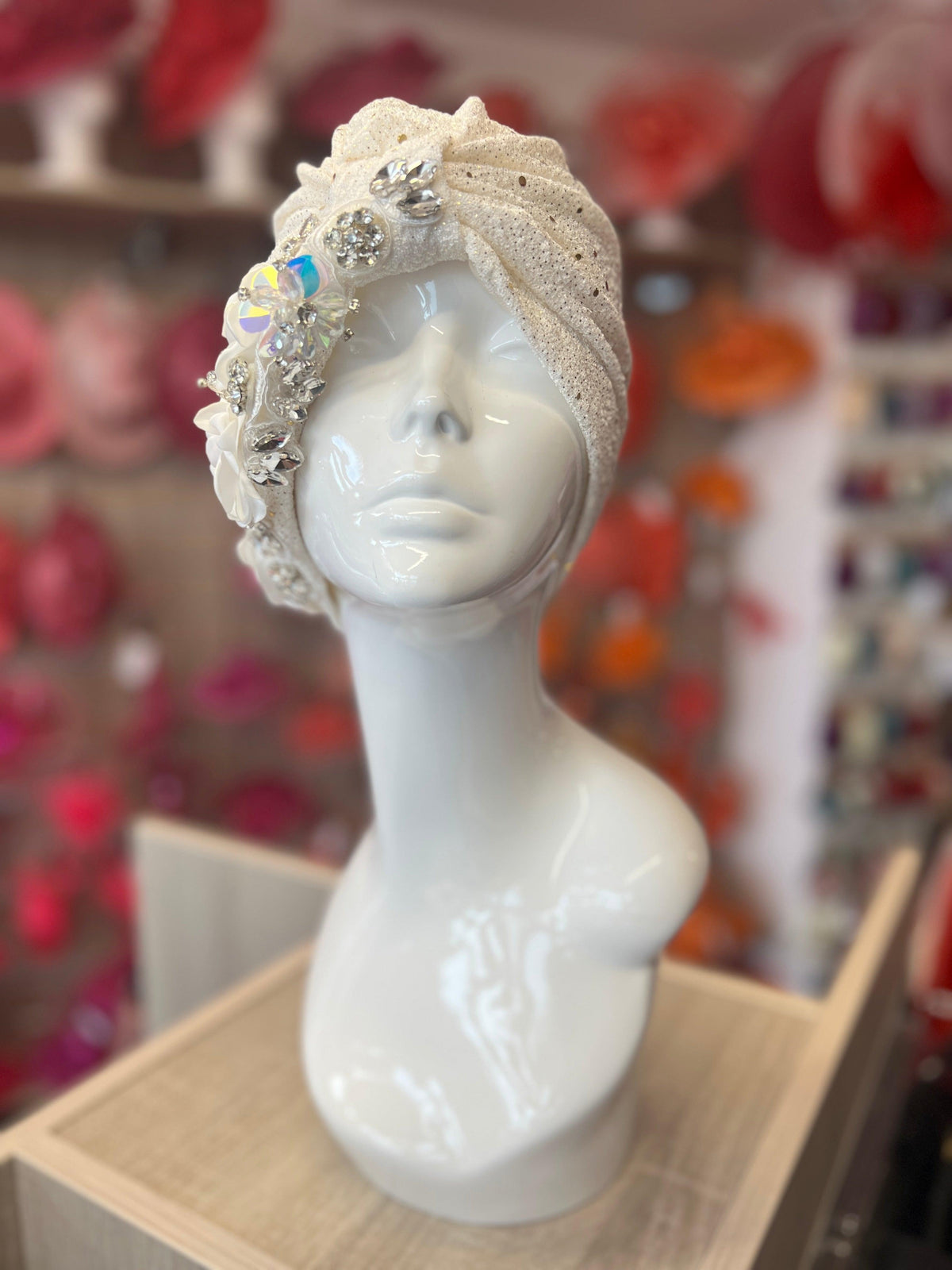 White Floral Sequin Crystal Turban Hat-Fascinators Direct