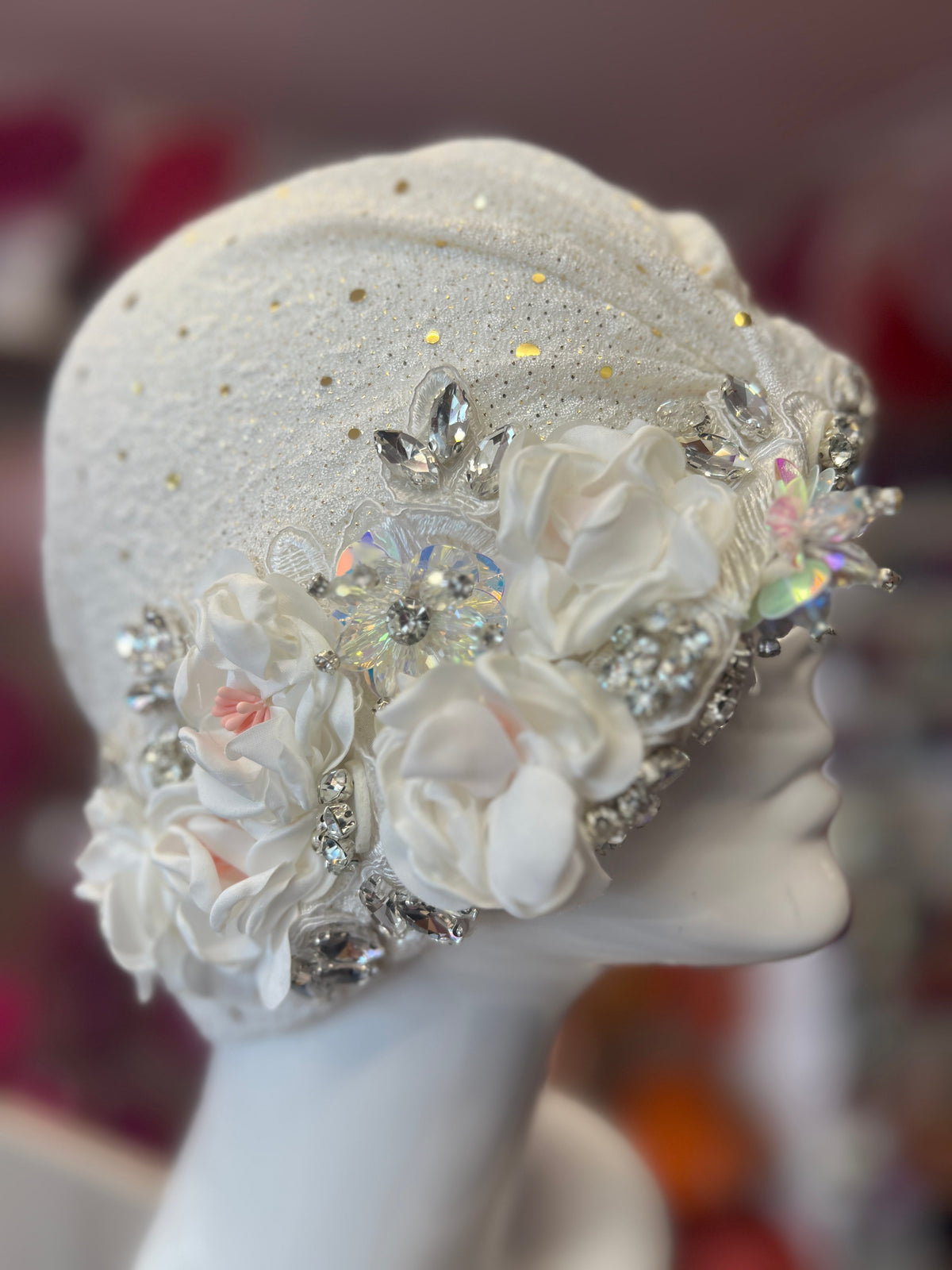 White Floral Sequin Crystal Turban Hat-Fascinators Direct