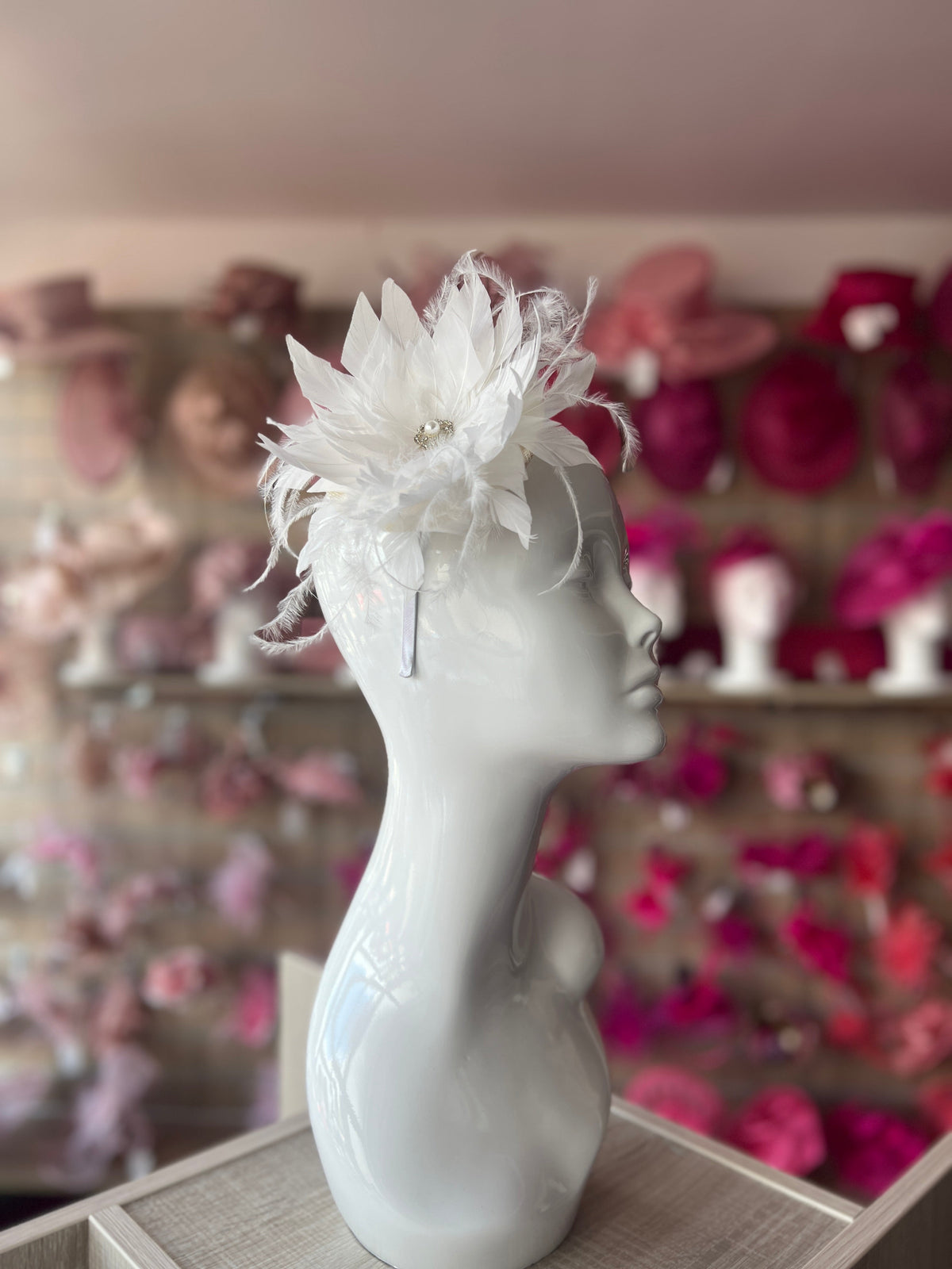 White Flower Fascinator with White Feathers-Fascinators Direct