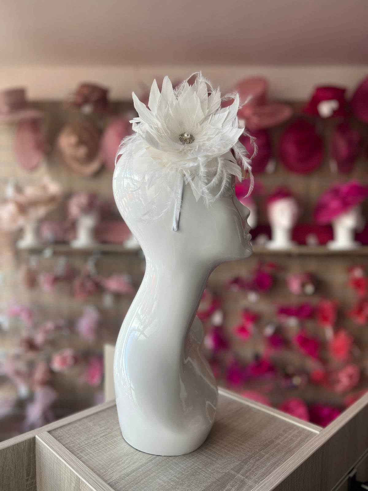White Flower Fascinator with White Feathers-Fascinators Direct
