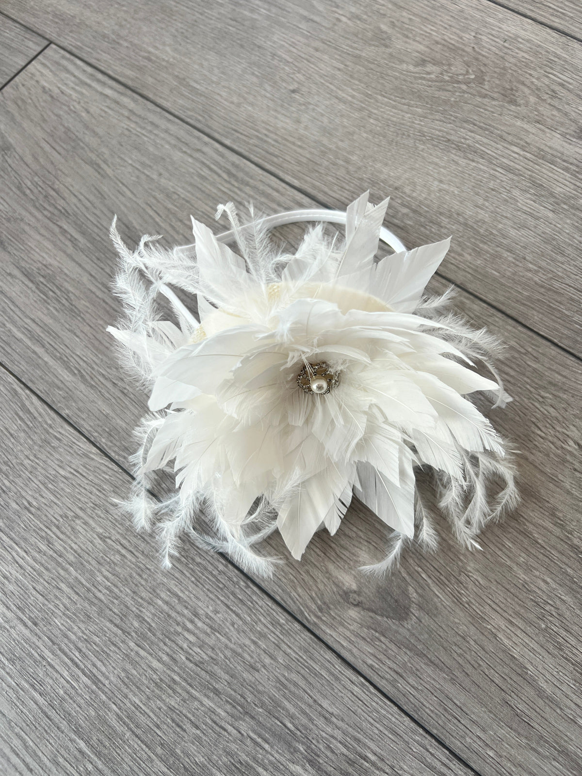 White Flower Fascinator with White Feathers-Fascinators Direct