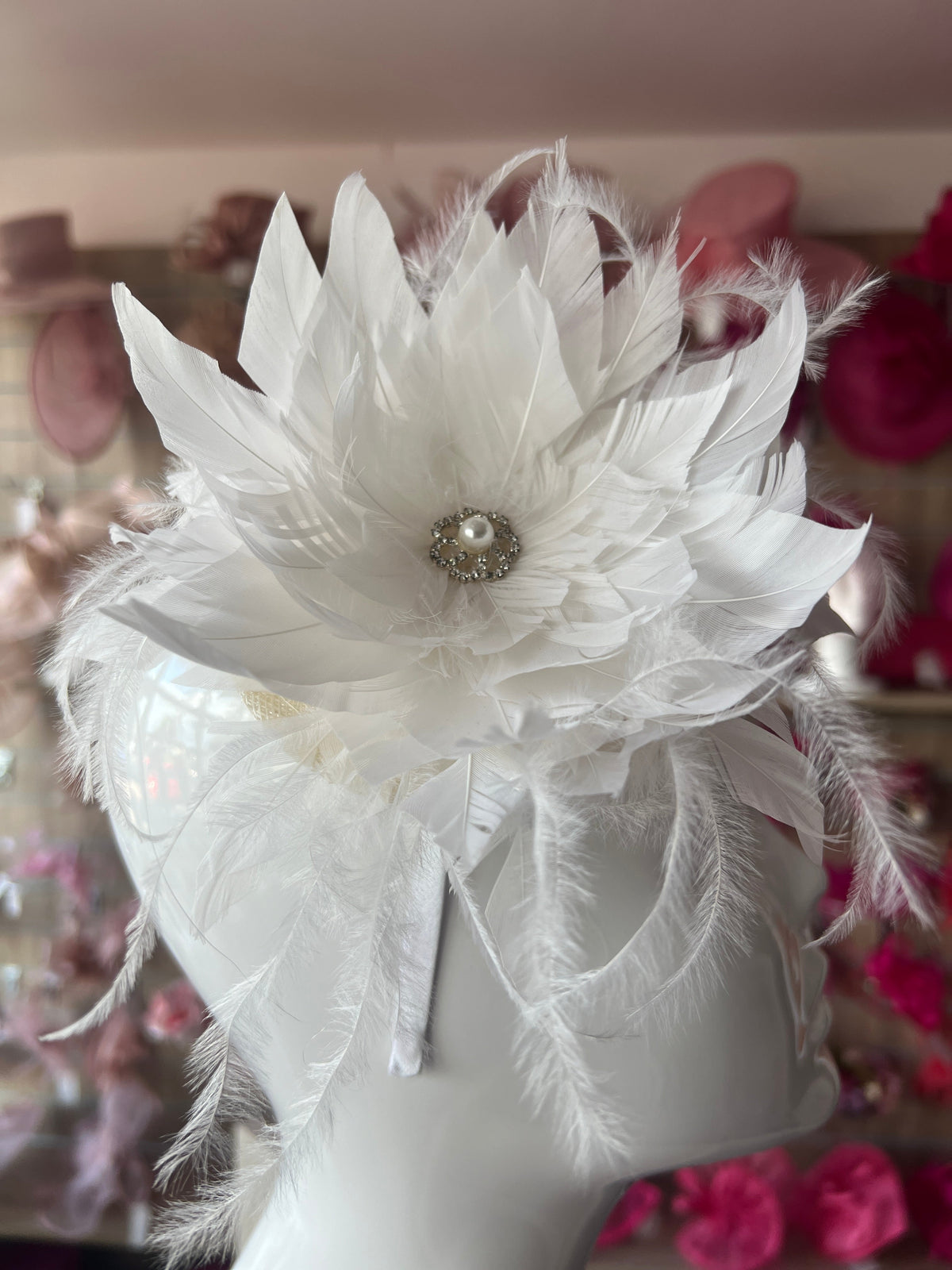White Flower Fascinator with White Feathers-Fascinators Direct