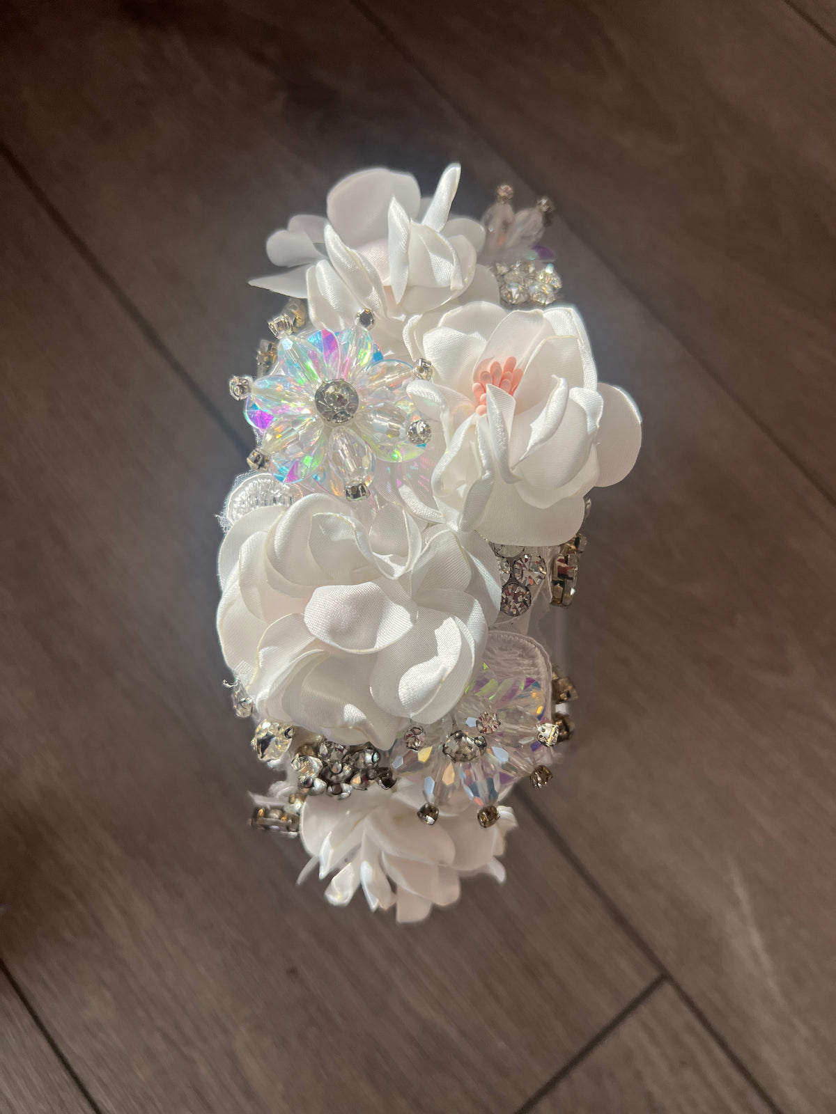 White Flower Headband With Beads &amp; Diamantes-Fascinators Direct