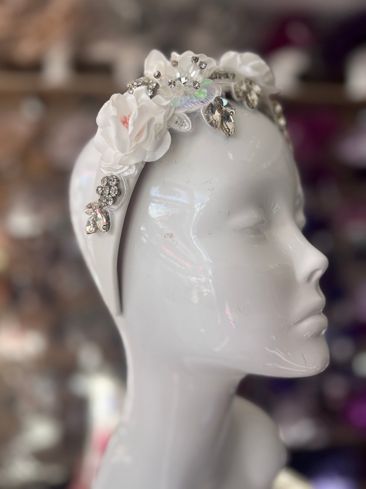 White Flower Headband With Beads &amp; Diamantes-Fascinators Direct