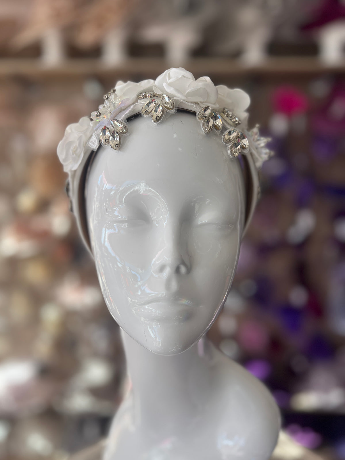 White Flower Headband With Beads &amp; Diamantes-Fascinators Direct
