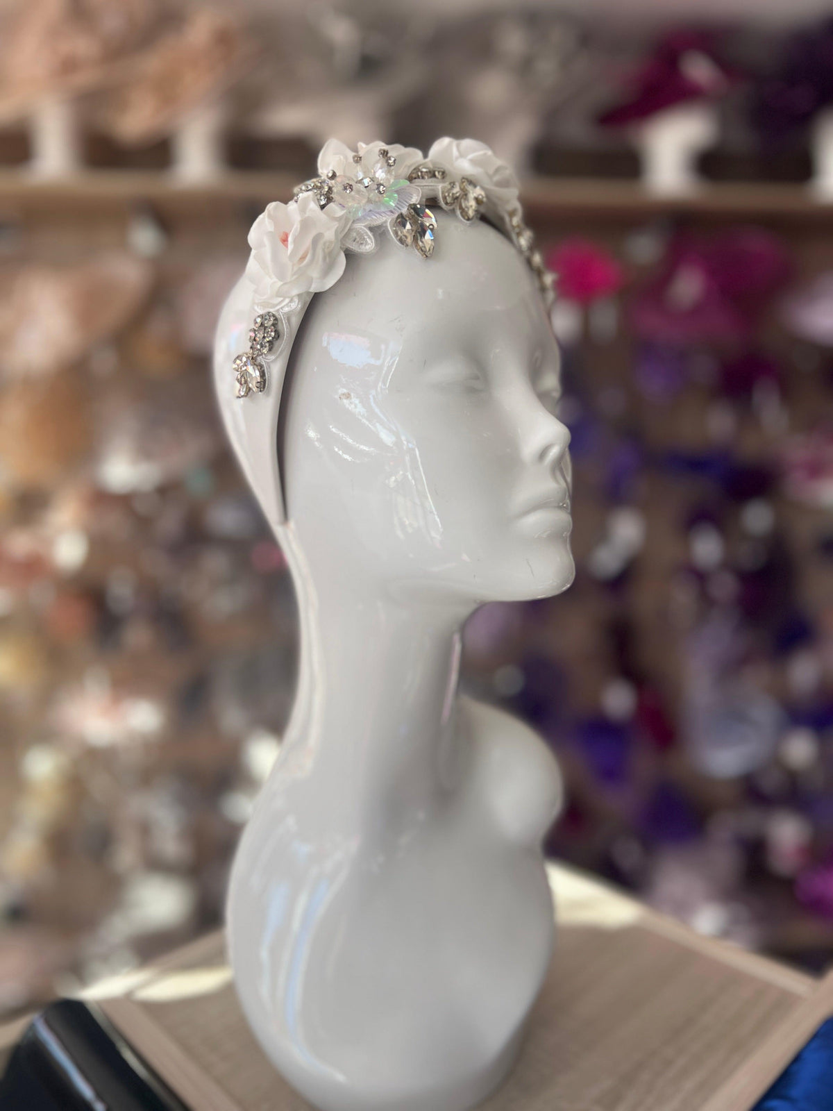 White Flower Headband With Beads &amp; Diamantes-Fascinators Direct