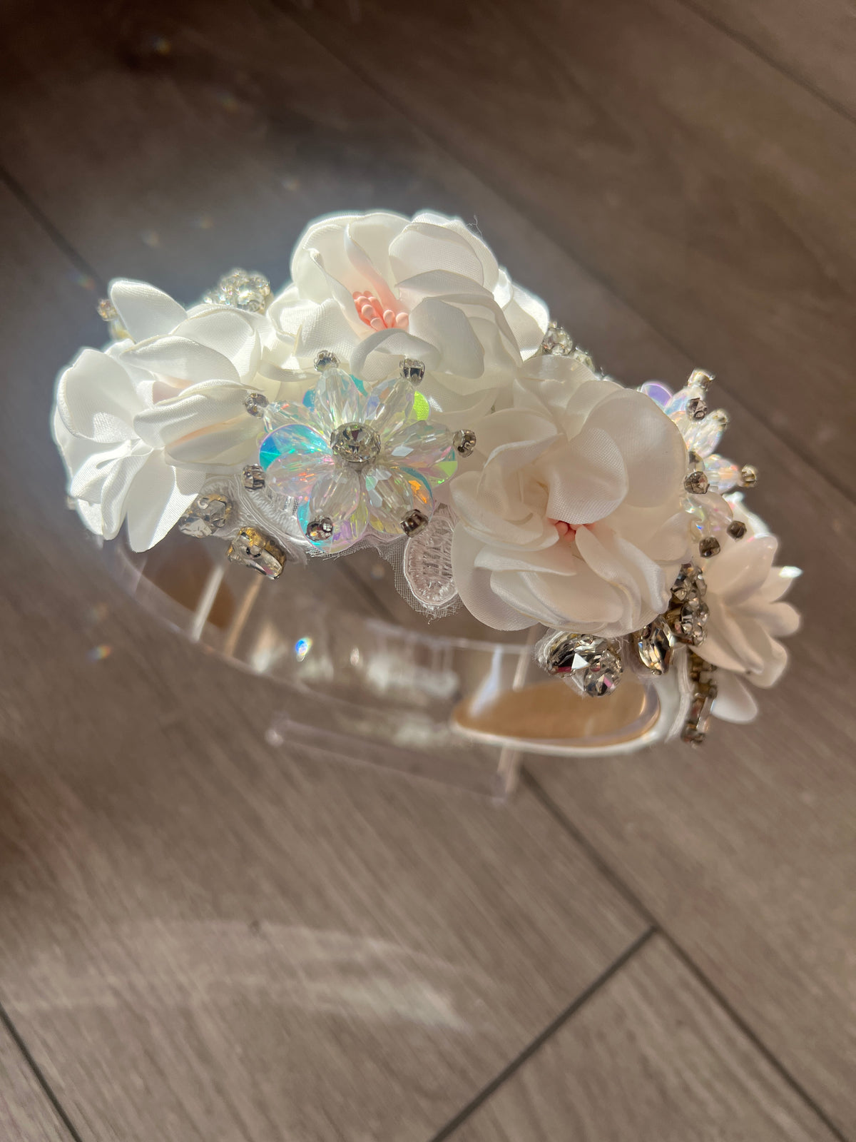 White Flower Headband With Beads &amp; Diamantes-Fascinators Direct