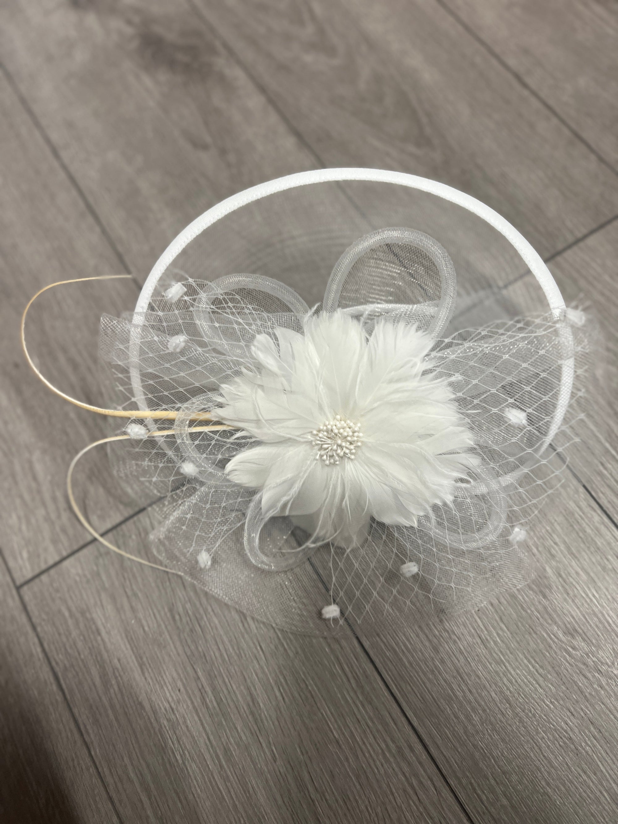 White Large Fascinator With Feather Flower & Netting-Fascinators Direct