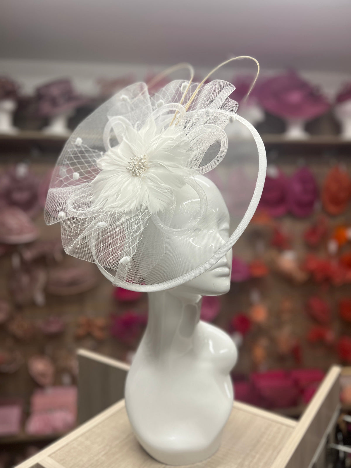 White Large Fascinator With Feather Flower &amp; Netting-Fascinators Direct