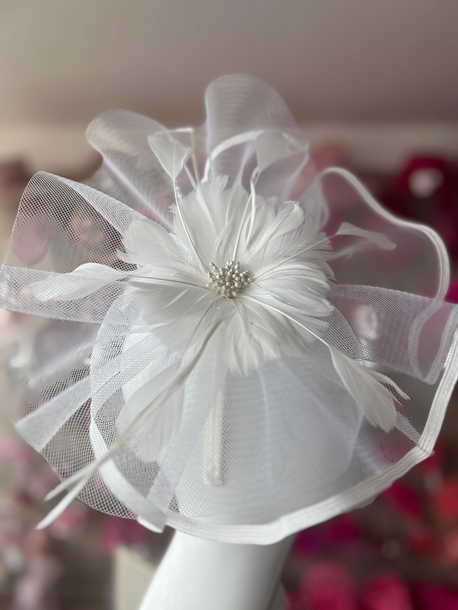 White Large Fascinator with Ruched Crinoline & Flower-Fascinators Direct