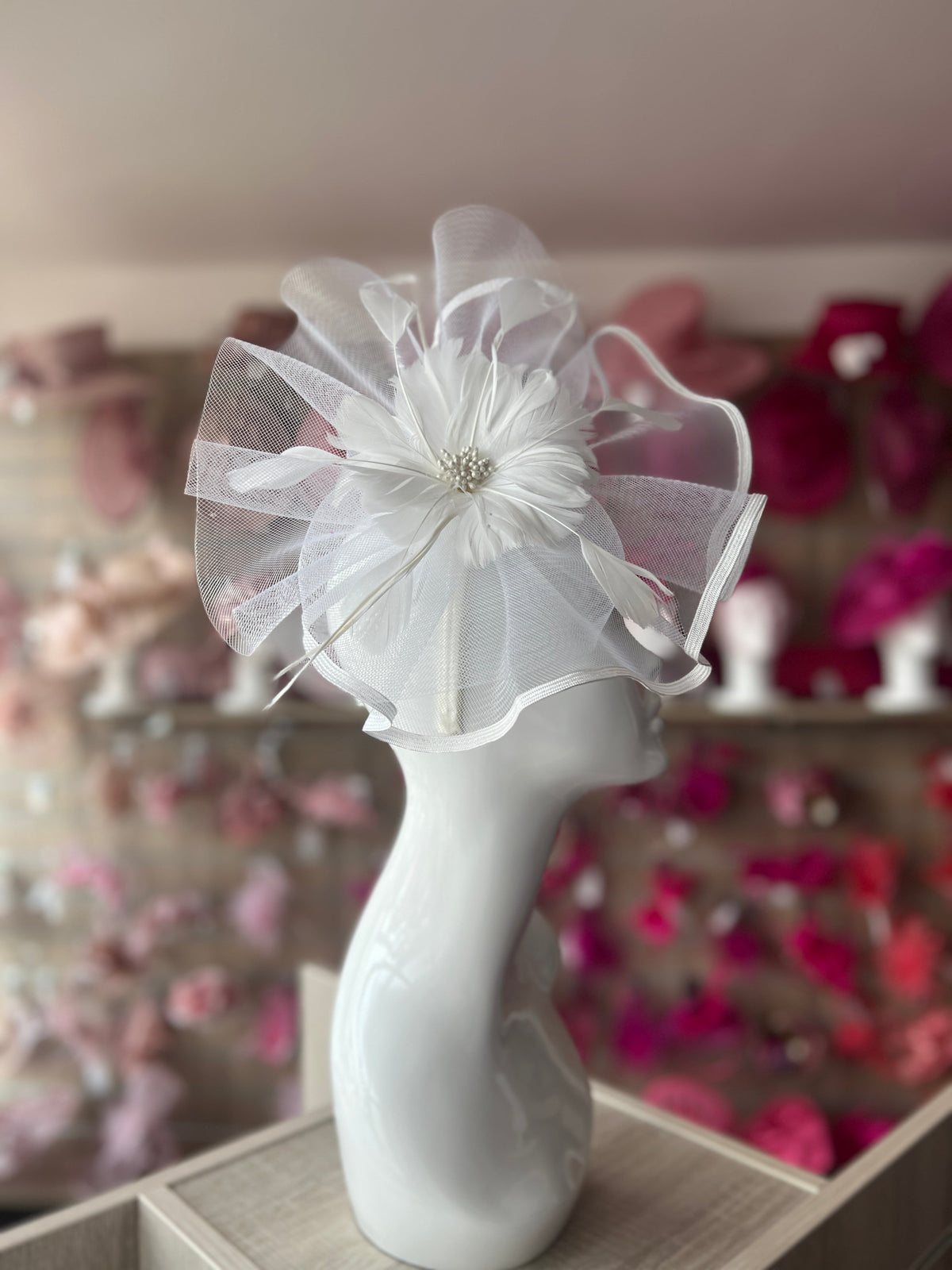 White Large Fascinator with Ruched Crinoline &amp; Flower-Fascinators Direct