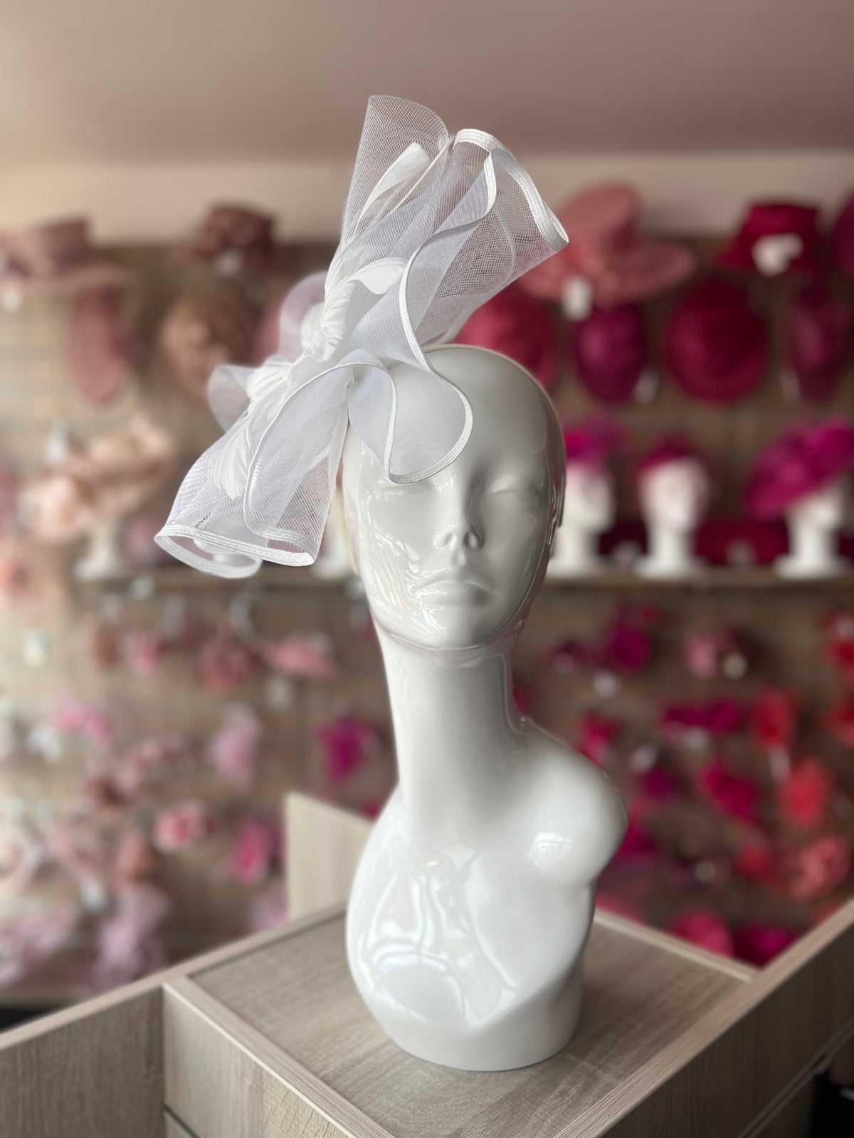 White Large Fascinator with Ruched Crinoline &amp; Flower-Fascinators Direct