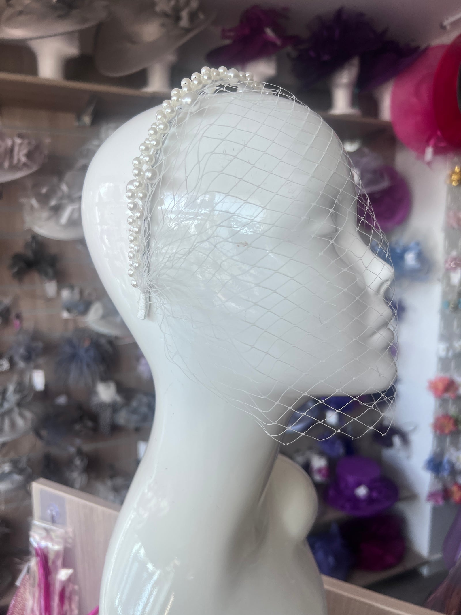 White Pearl Cluster Bridal Birdcage Veil-Fascinators Direct