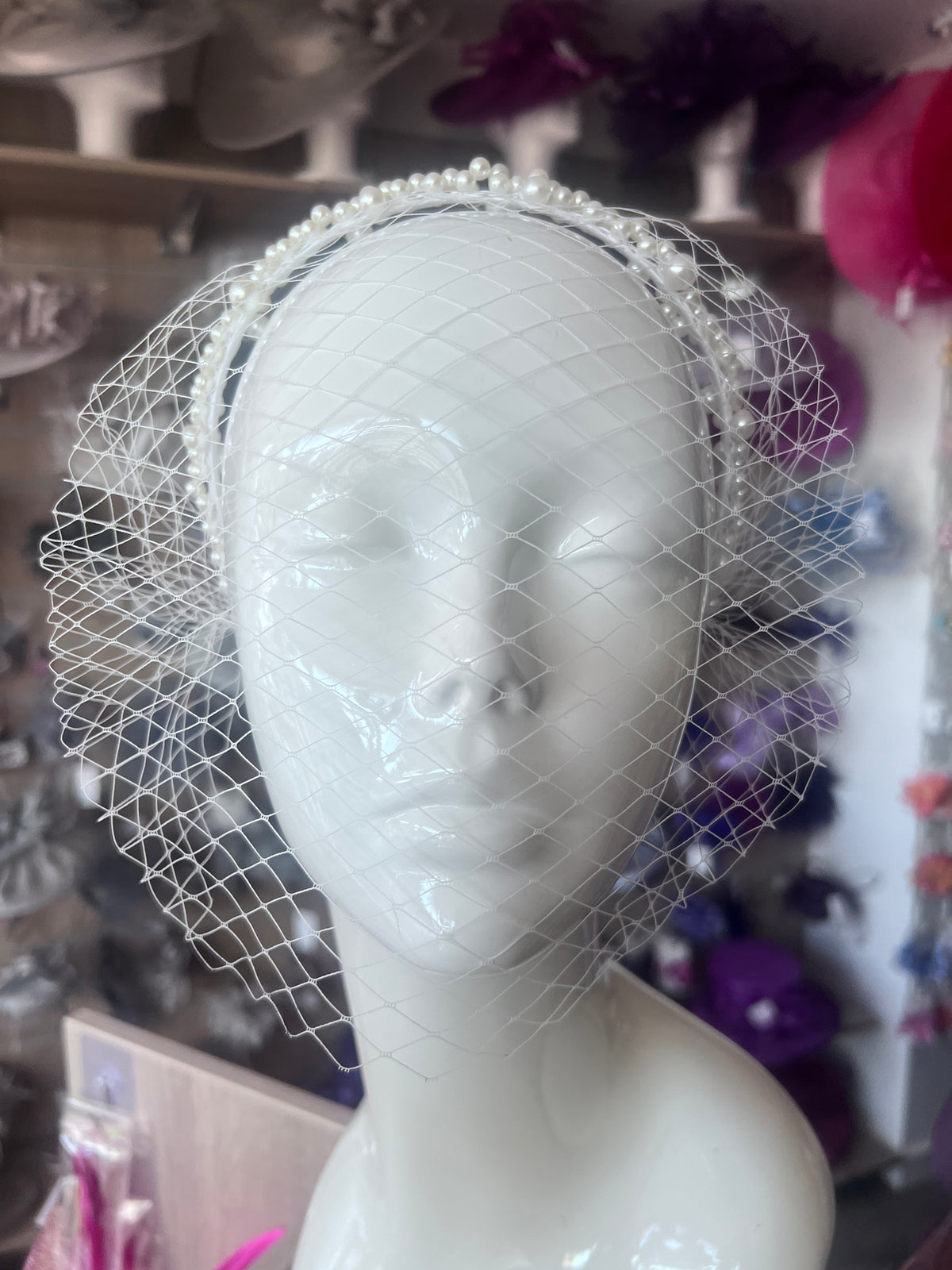 White Pearl Cluster Bridal Birdcage Veil-Fascinators Direct
