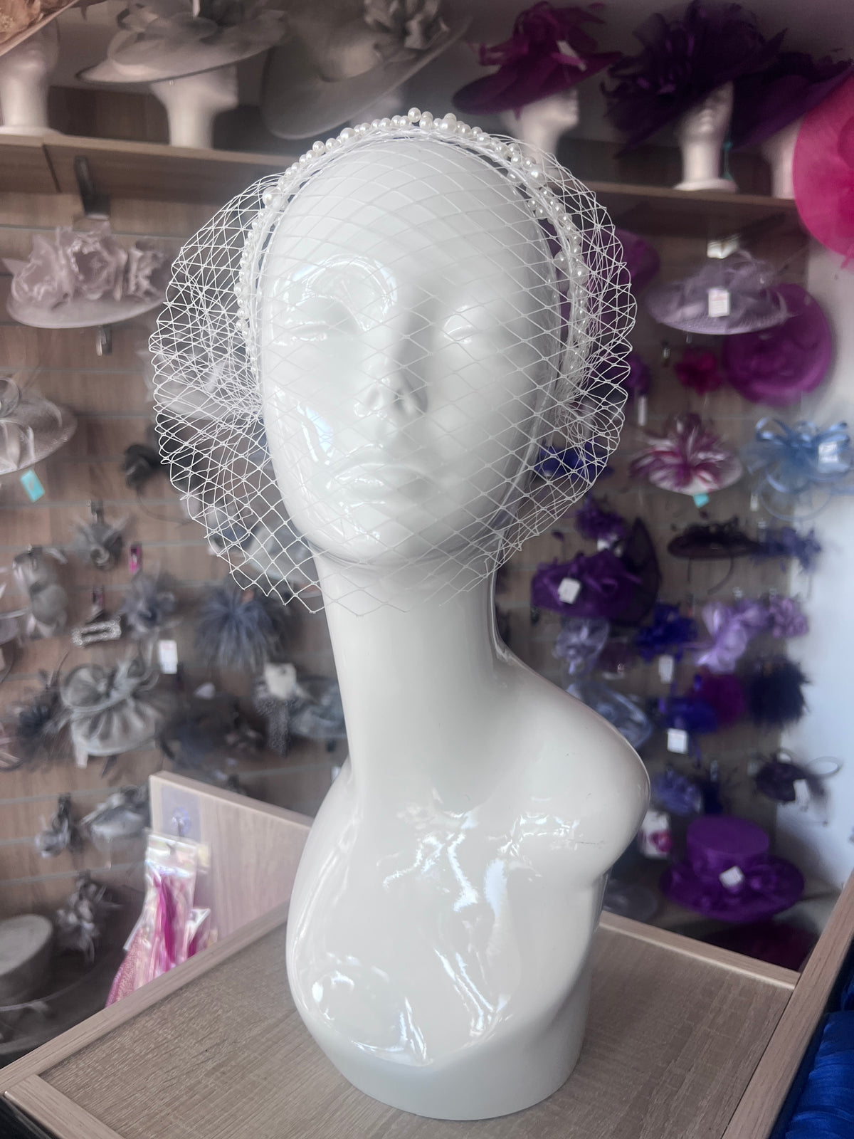 White Pearl Cluster Bridal Birdcage Veil-Fascinators Direct