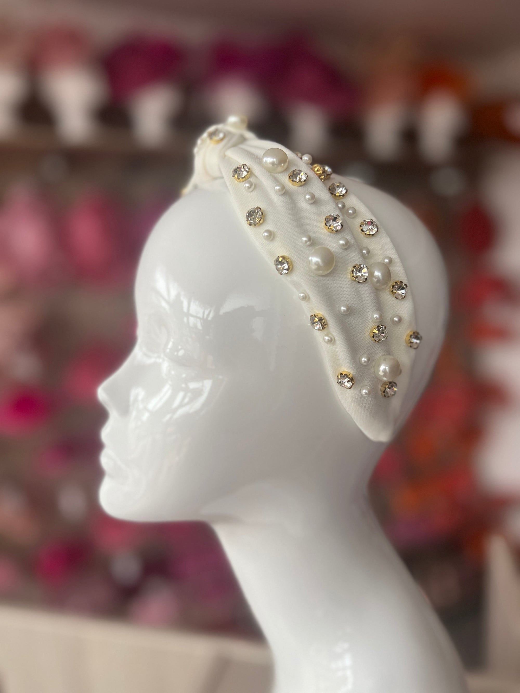 White Pearl & Diamante Knot Headband Fascinator-Fascinators Direct