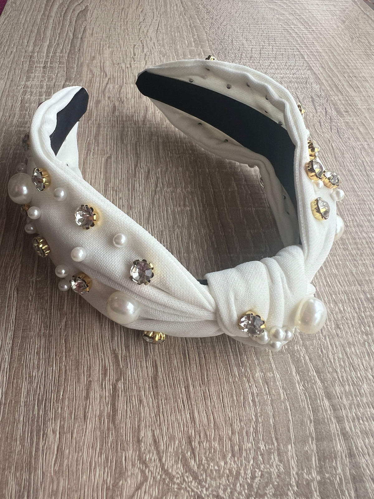White Pearl &amp; Diamante Knot Headband Fascinator-Fascinators Direct