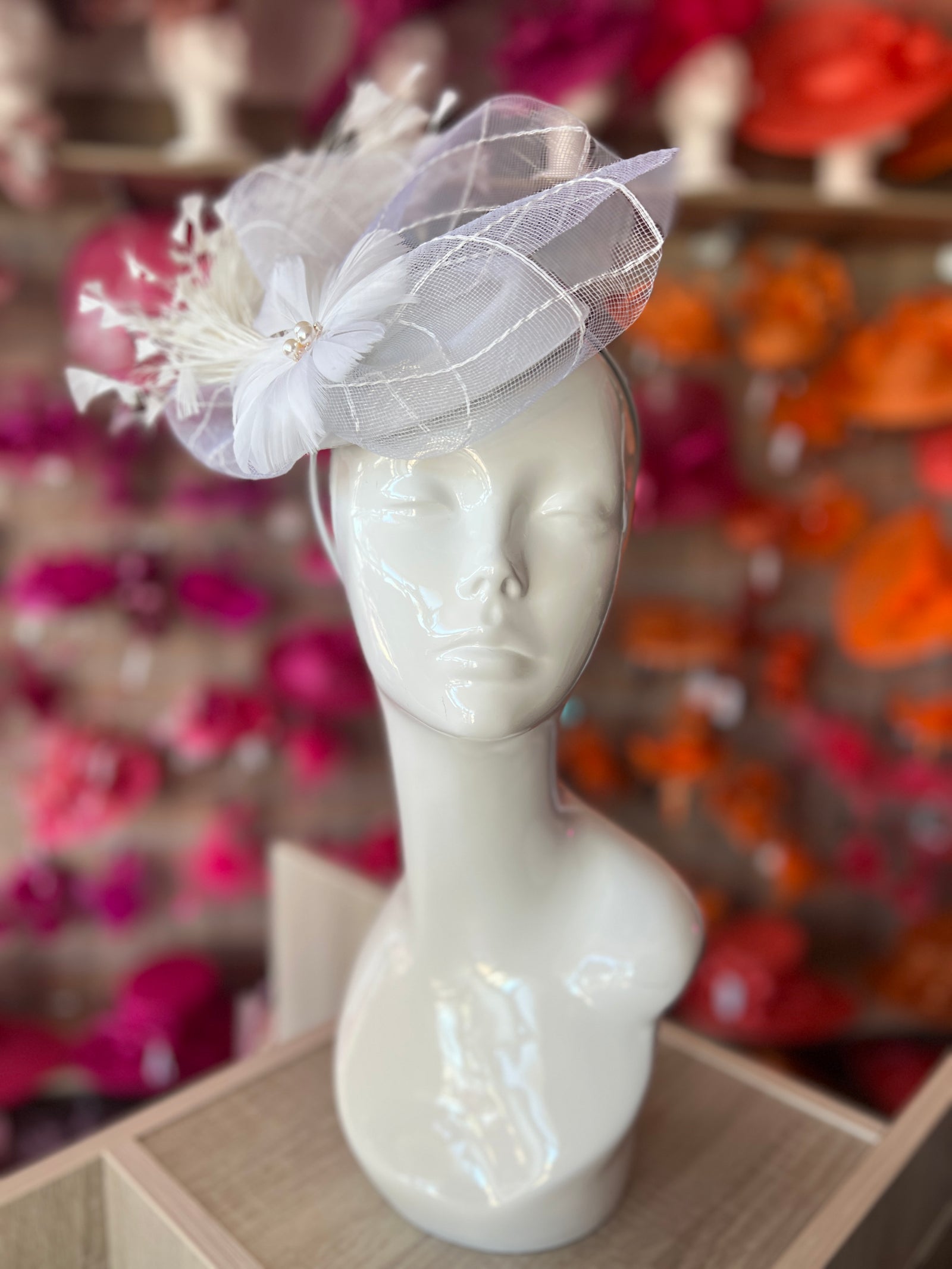 White Pillbox Fascinator With An Array Of Feathers & Feather Flower With Pearl Detail-Fascinators Direct