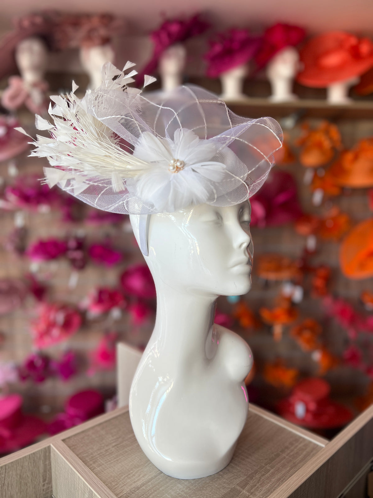 White Pillbox Fascinator With An Array Of Feathers &amp; Feather Flower With Pearl Detail-Fascinators Direct